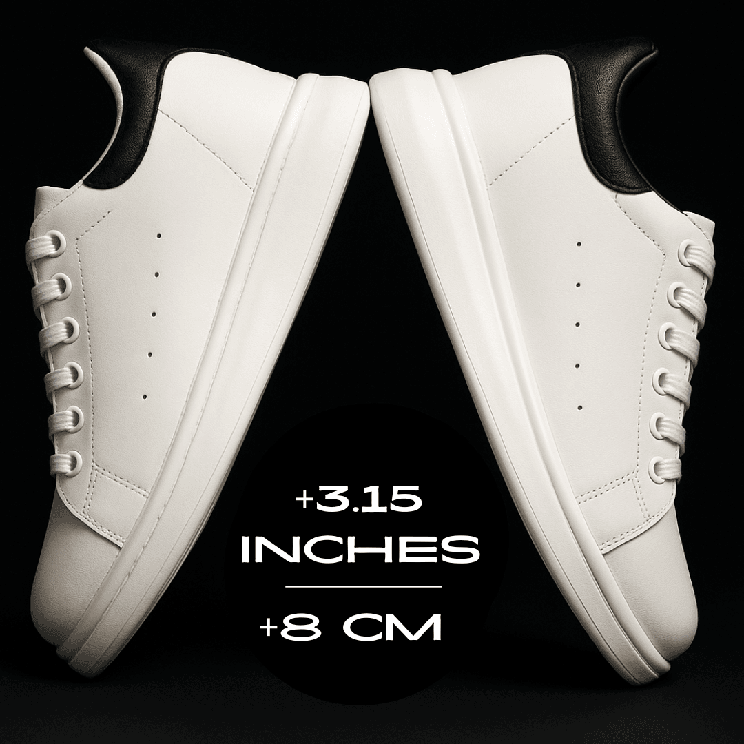 FORCIANO AURAS white height increasing sneakers on a black background with mirrored side views and +8 cm / 3.15" graphic.