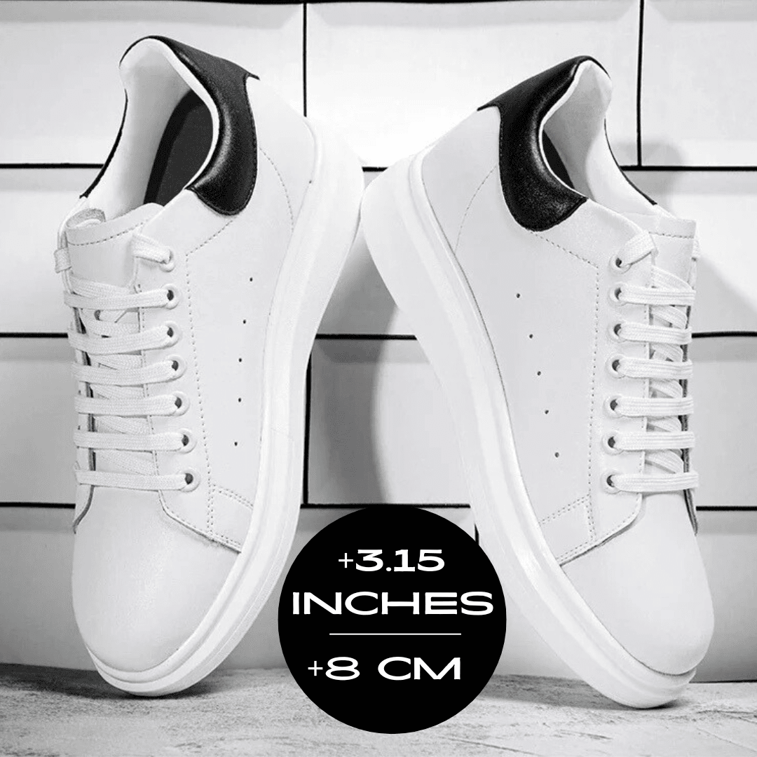 FORCIANO AURAS white height increasing sneakers displayed on a tiled background with +8 cm / 3.15" graphic.