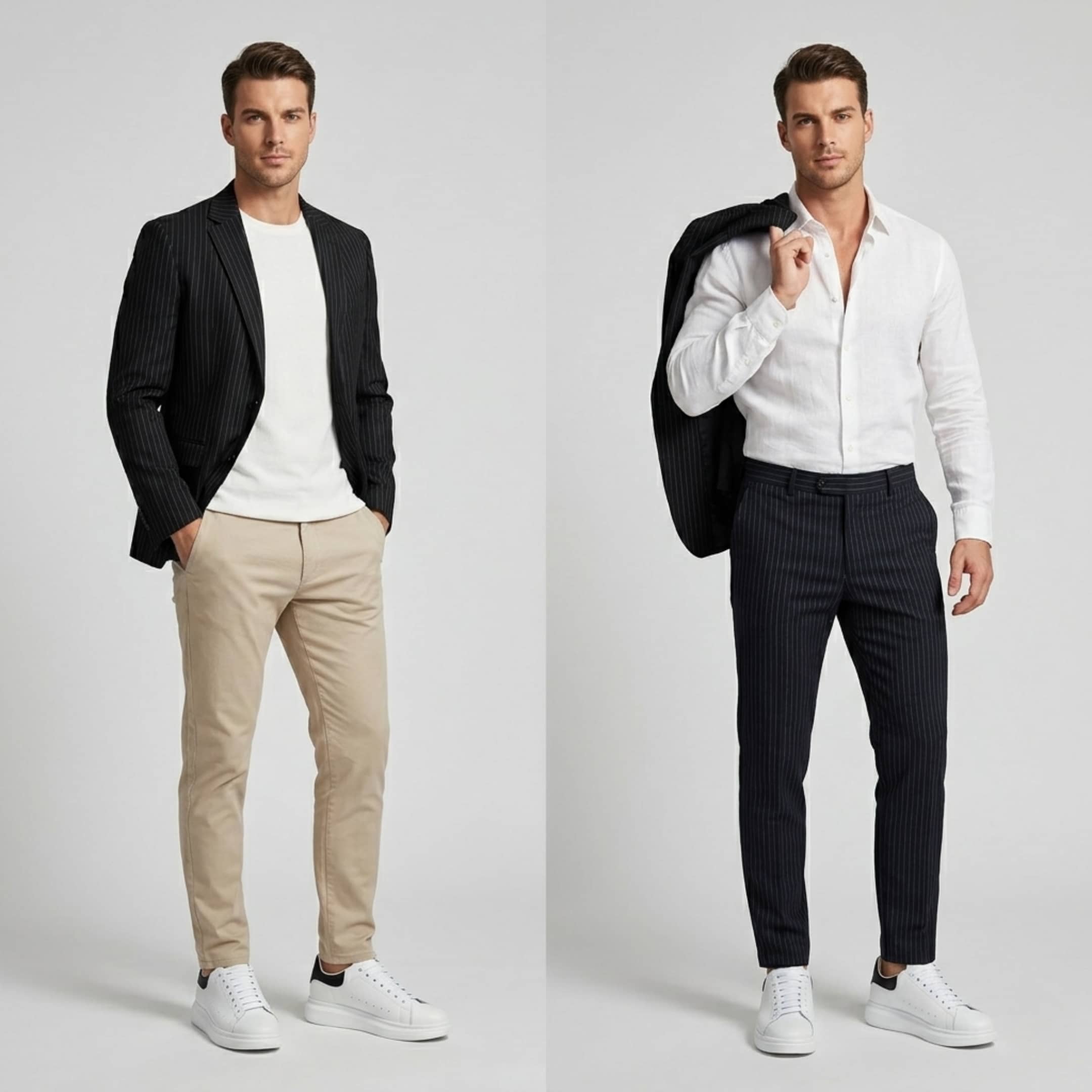 FORCIANO AURAS white elevator sneakers styled in smart casual looks, two-pose lifestyle image.
