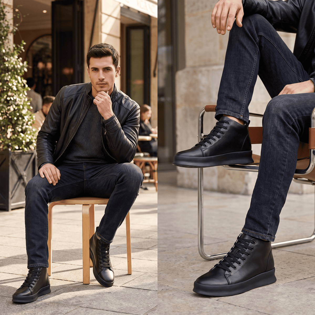 Black FORCIANO ACHILLES Height Boosting Sneakers worn with dark jeans in a seated casual lifestyle scene.