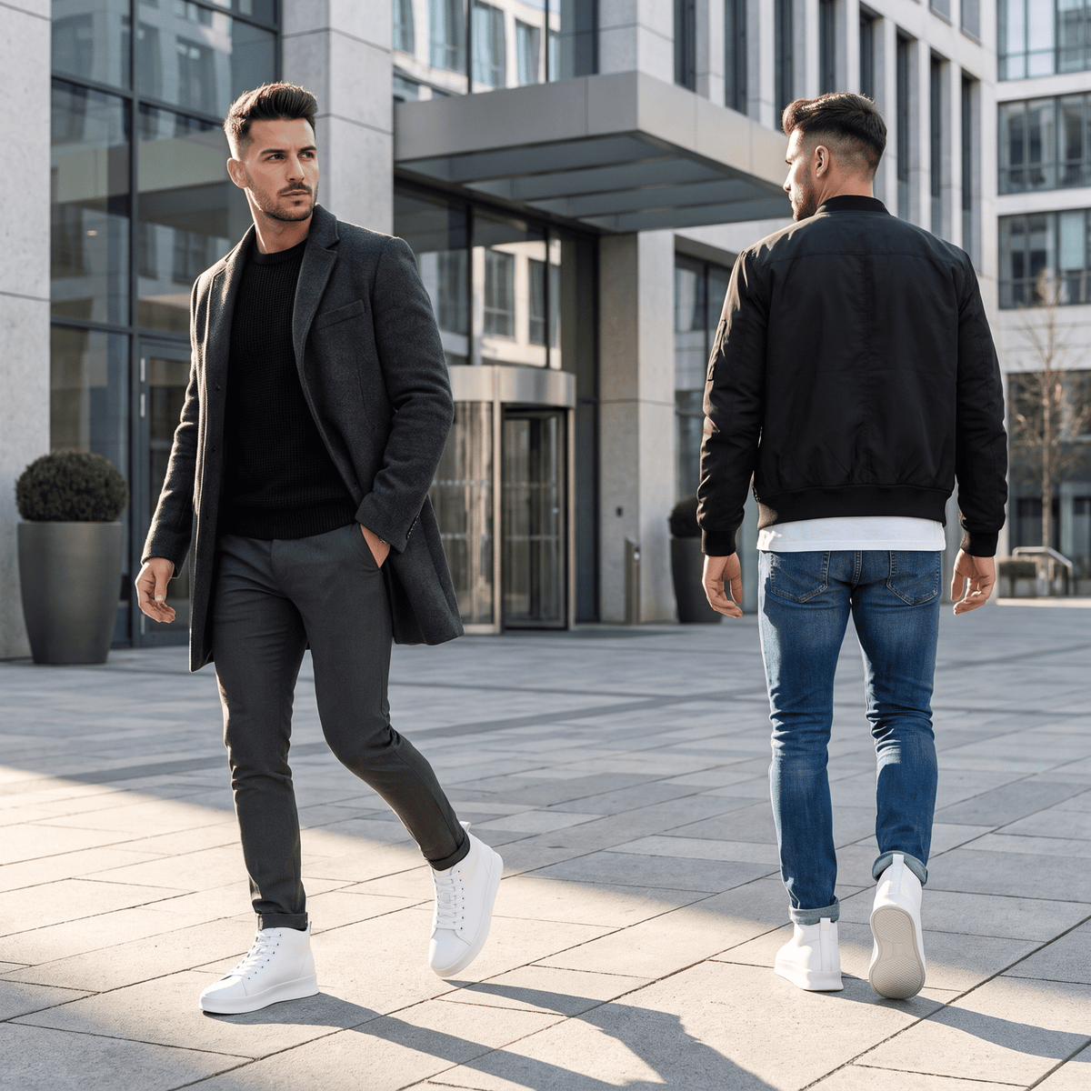White FORCIANO ACHILLES Height Boosting Sneakers worn with casual and smart outfits in an outdoor lifestyle scene.