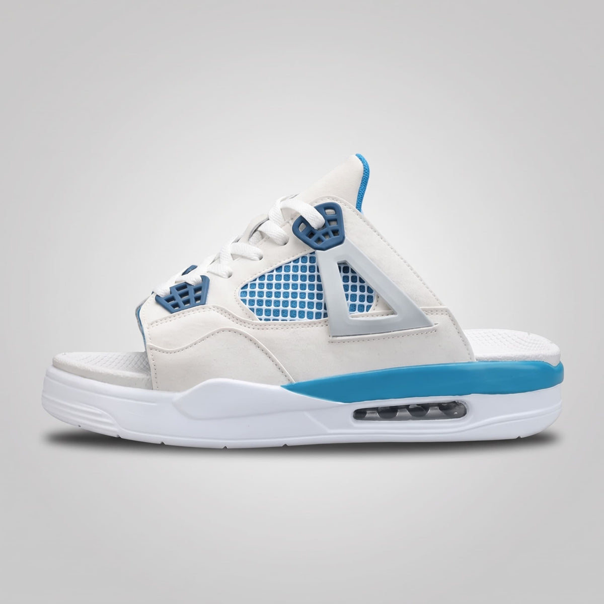 White and blue FORCIANO AERO Height Increasing Slippers shown in a single side-profile product view.