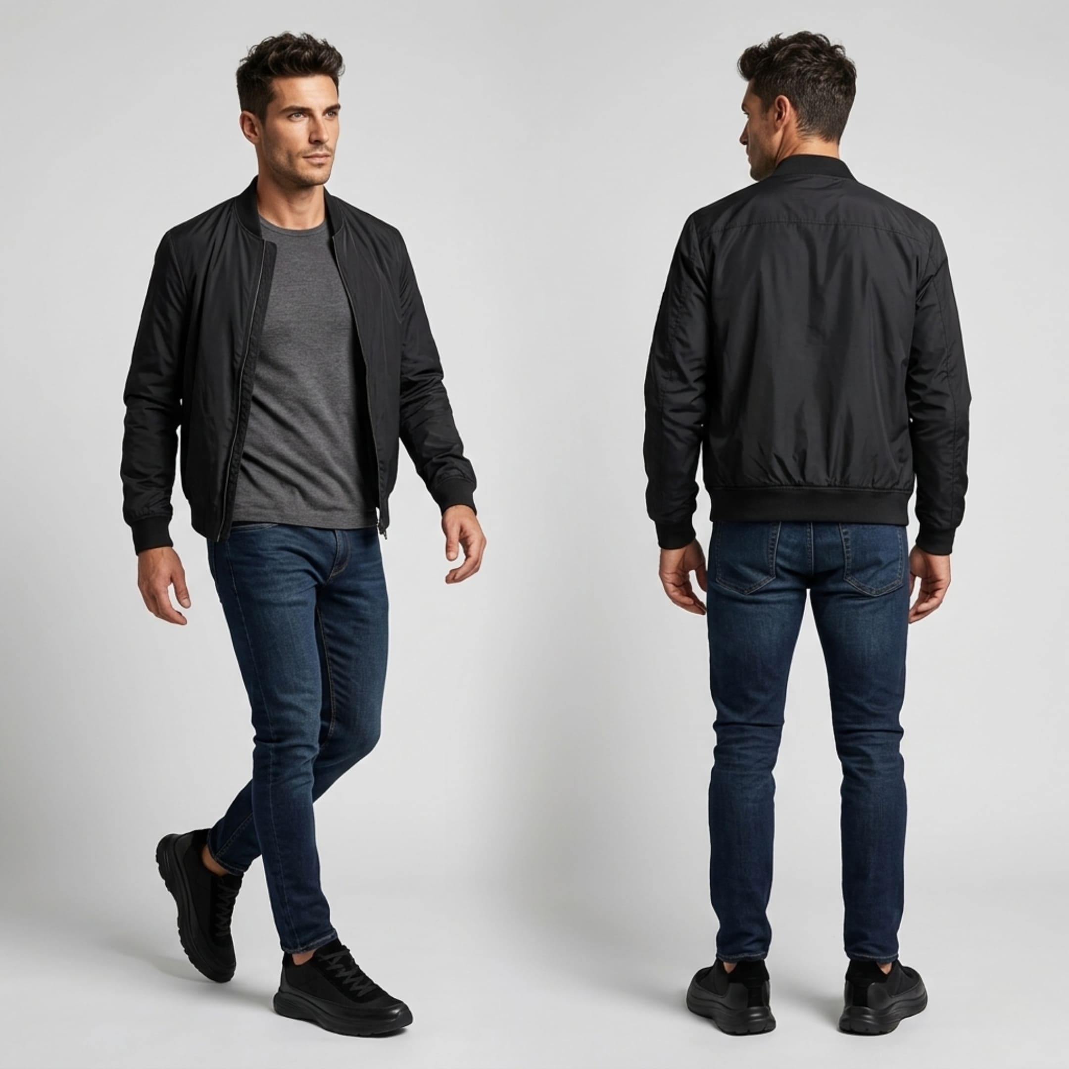 FORCIANO AEROX black height increasing sneakers with premium leather upper worn by a model in combined front and rear full-body lifestyle views.