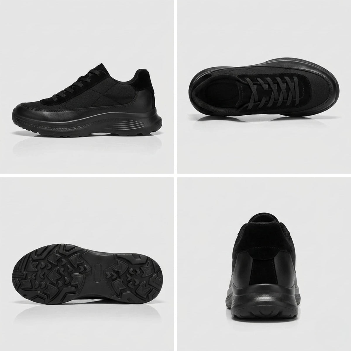 FORCIANO AEROX black height increasing sneakers shown in a four-view collage with side profile, top view, outsole view and rear view.