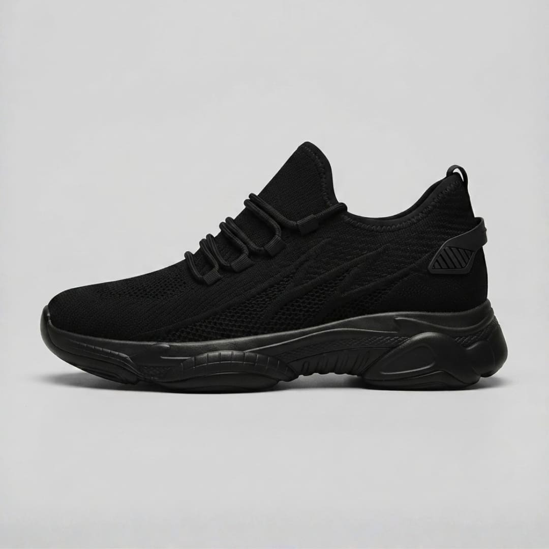 FORCIANO ALTITUDE all-black breathable mesh height increasing sneaker shown from the side