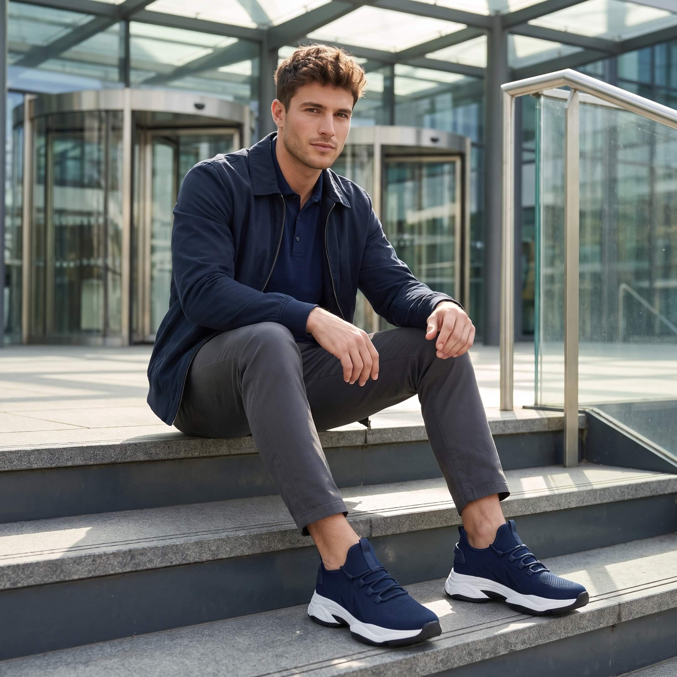 Man wearing FORCIANO ALTITUDE blue height increasing sneakers outdoors, showcasing the breathable mesh upper and modern elevated sole.