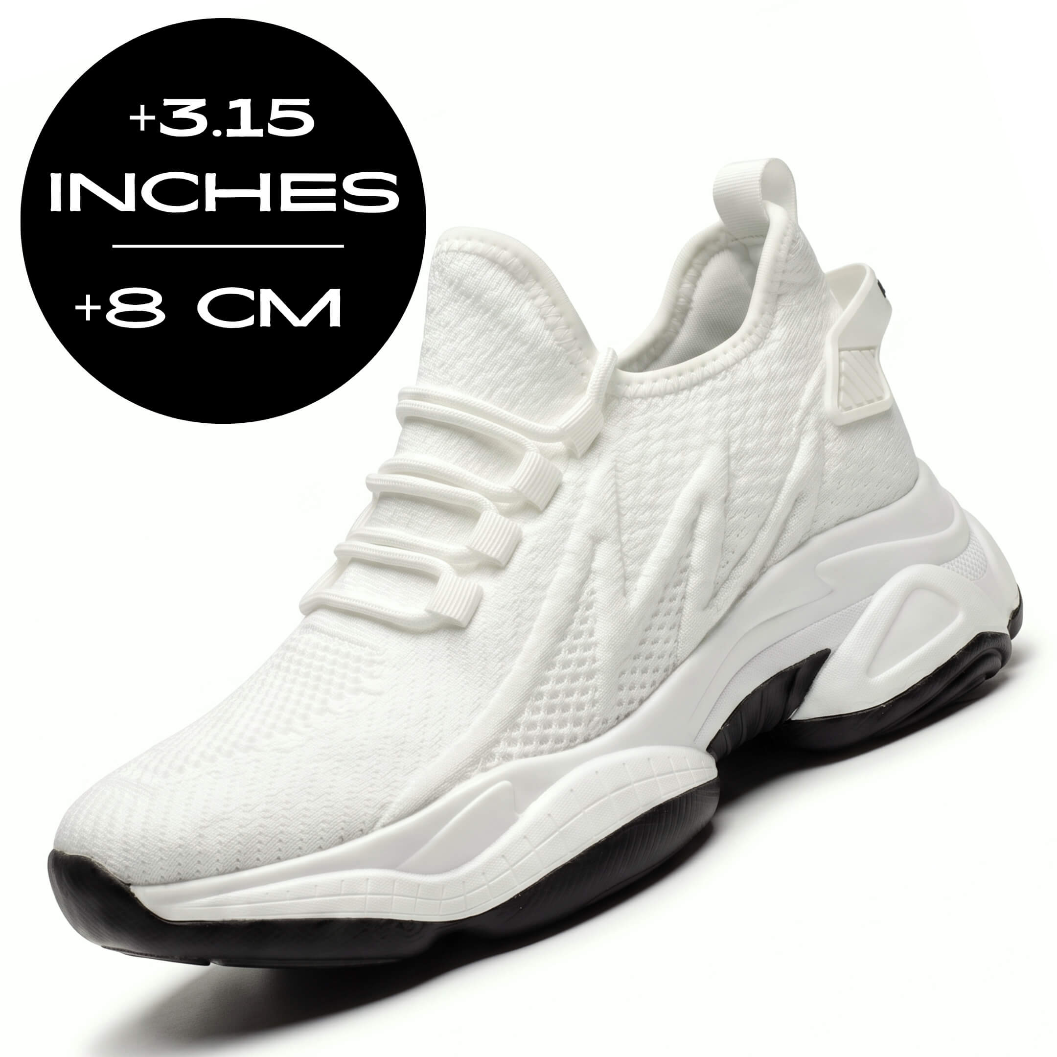FORCIANO ALTITUDE white height increasing sneakers with breathable mesh upper and 3.15 inch / 8 cm lift, shown in front angled product view.