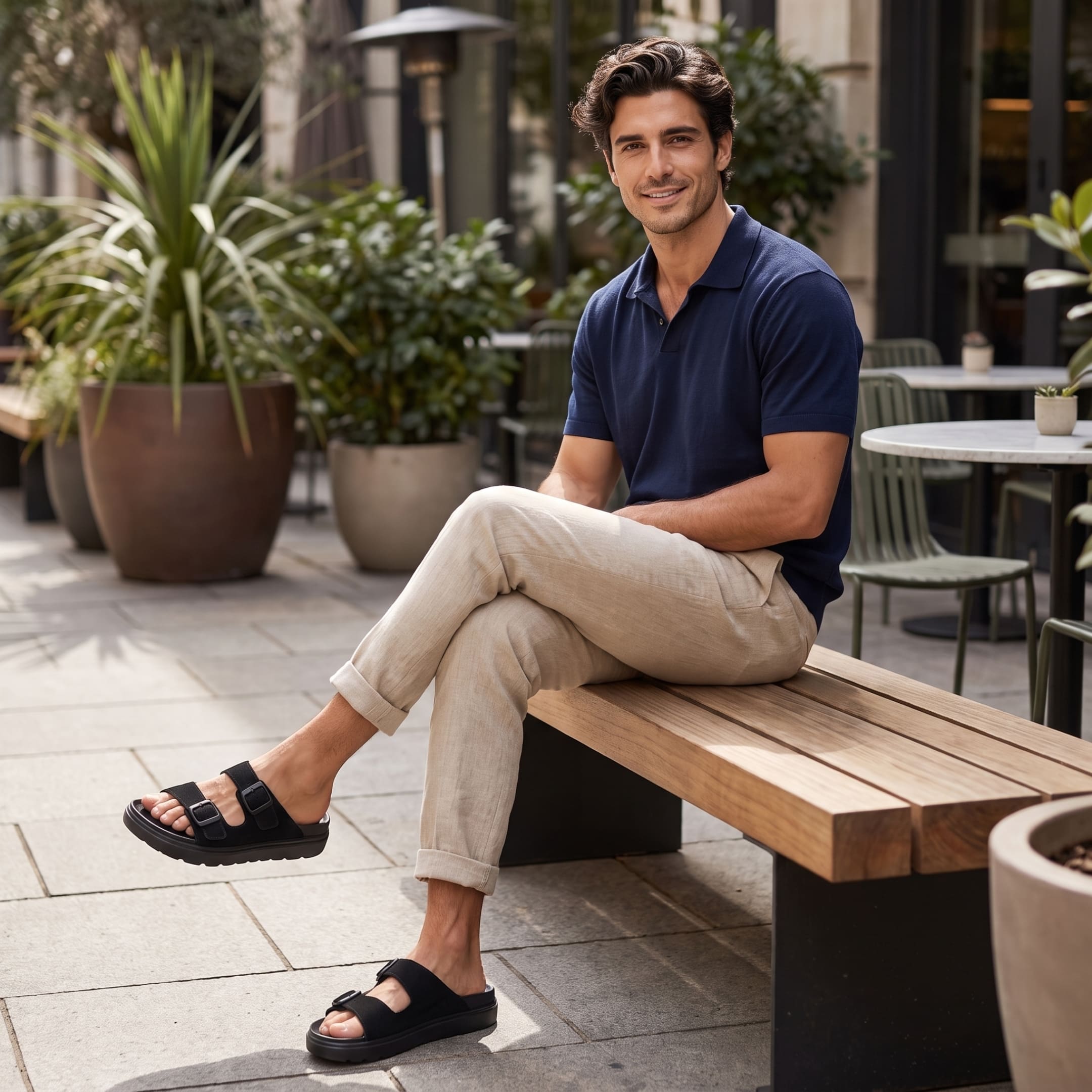 FORCIANO ARCHER black EVA sandals worn by a seated man outdoors, presenting the Height Increasing Shoes in a casual lifestyle setting.