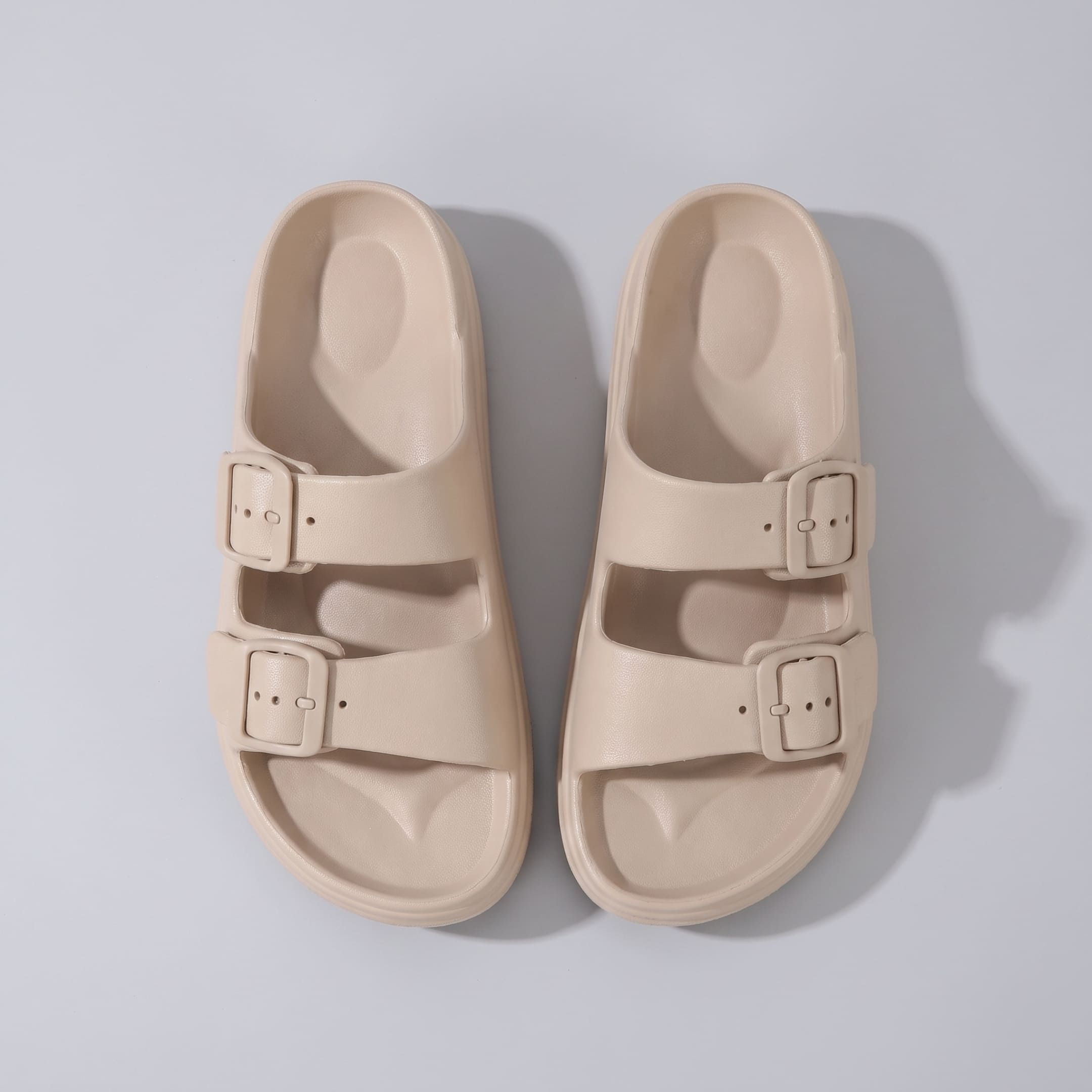 FORCIANO ARCHER khaki EVA sandals displayed as a pair from above, showing the dual buckle straps and footbeds of the Height Increasing Shoes.