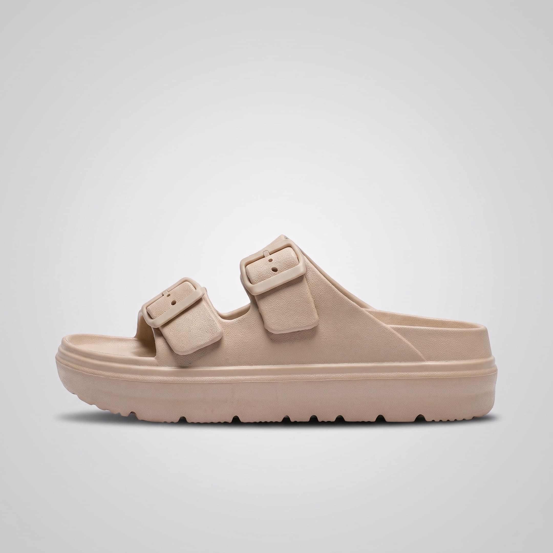 FORCIANO ARCHER khaki EVA sandal shown in a clean side profile, displaying the dual buckle straps and raised sole design of the Height Increasing Shoes.