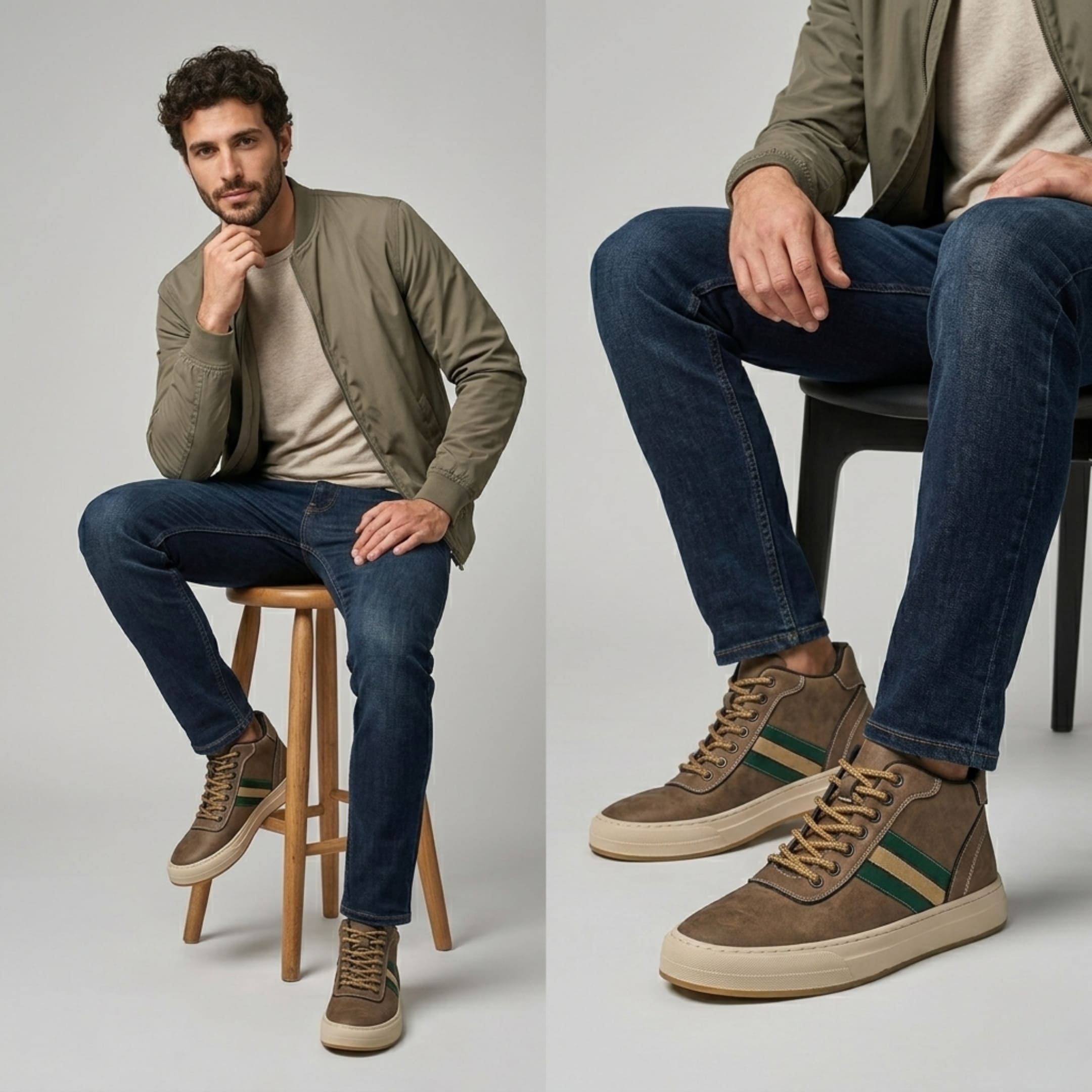 FORCIANO ASCEND brown premium leather high-top sneakers worn by a seated male model in a casual lifestyle multi-view image.