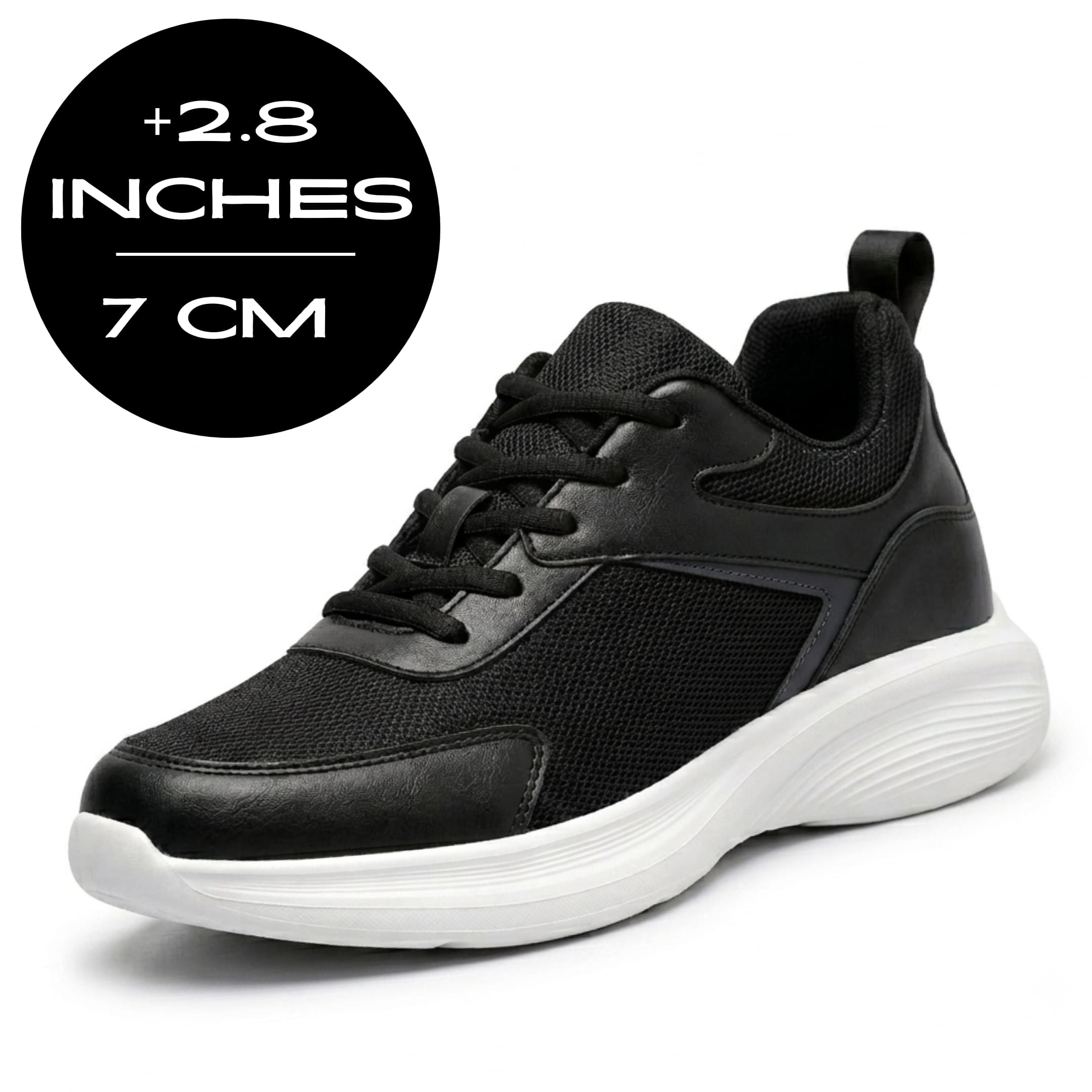 FORCIANO ASTOR black height increasing sneaker with Flyknit mesh upper shown beside an up to 7 cm / 2.8" height graphic.