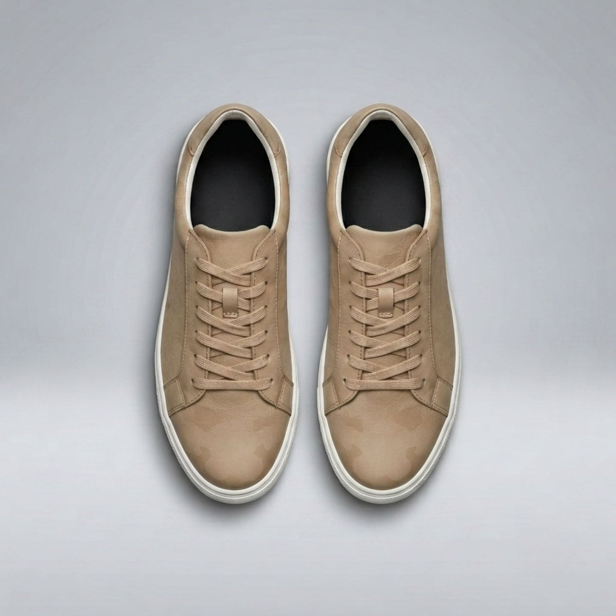 FORCIANO ATHENA beige women's elevator sneakers shown as a pair from the top, featuring premium leather uppers, matching laces and white soles.