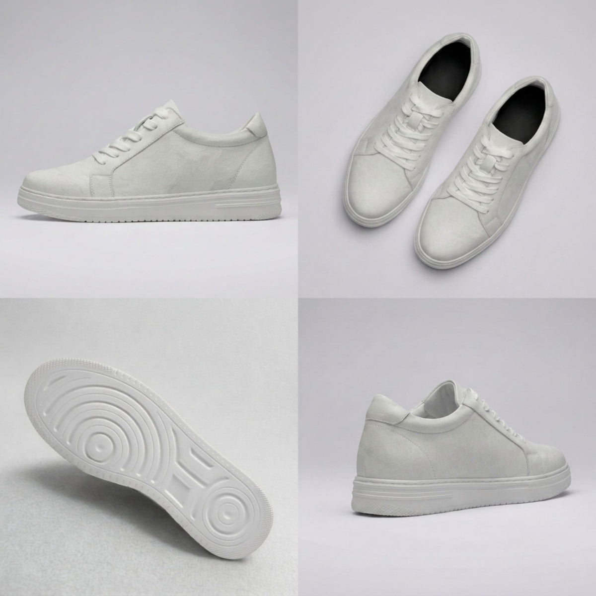 FORCIANO ATHENA white women's elevator sneakers in a multi-view collage showing side profile, top view, outsole and rear three-quarter view with premium leather uppers.
