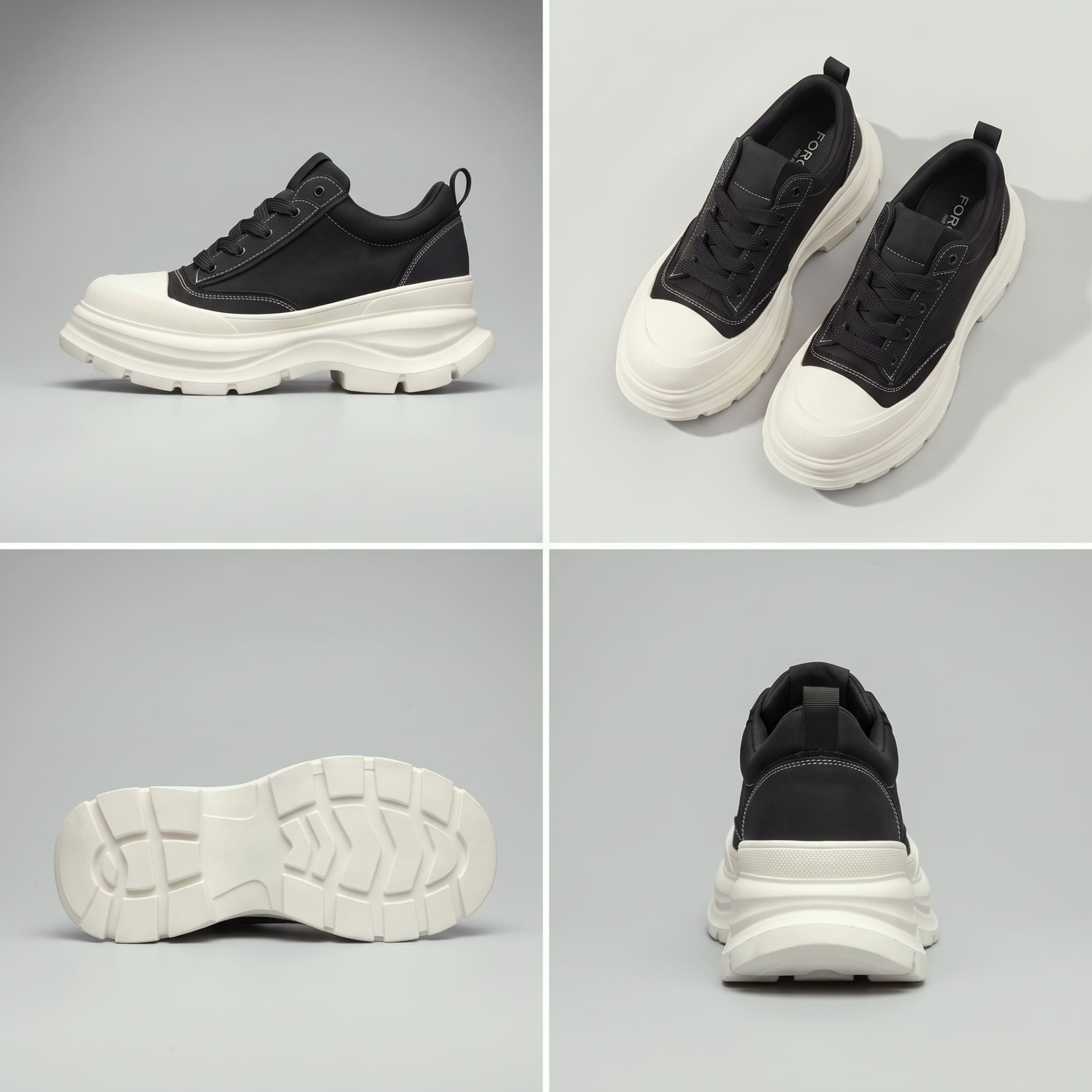 FORCIANO ATLAS Black elevator sneakers in a four-panel multi-view showing side profile, pair, outsole and rear views.
