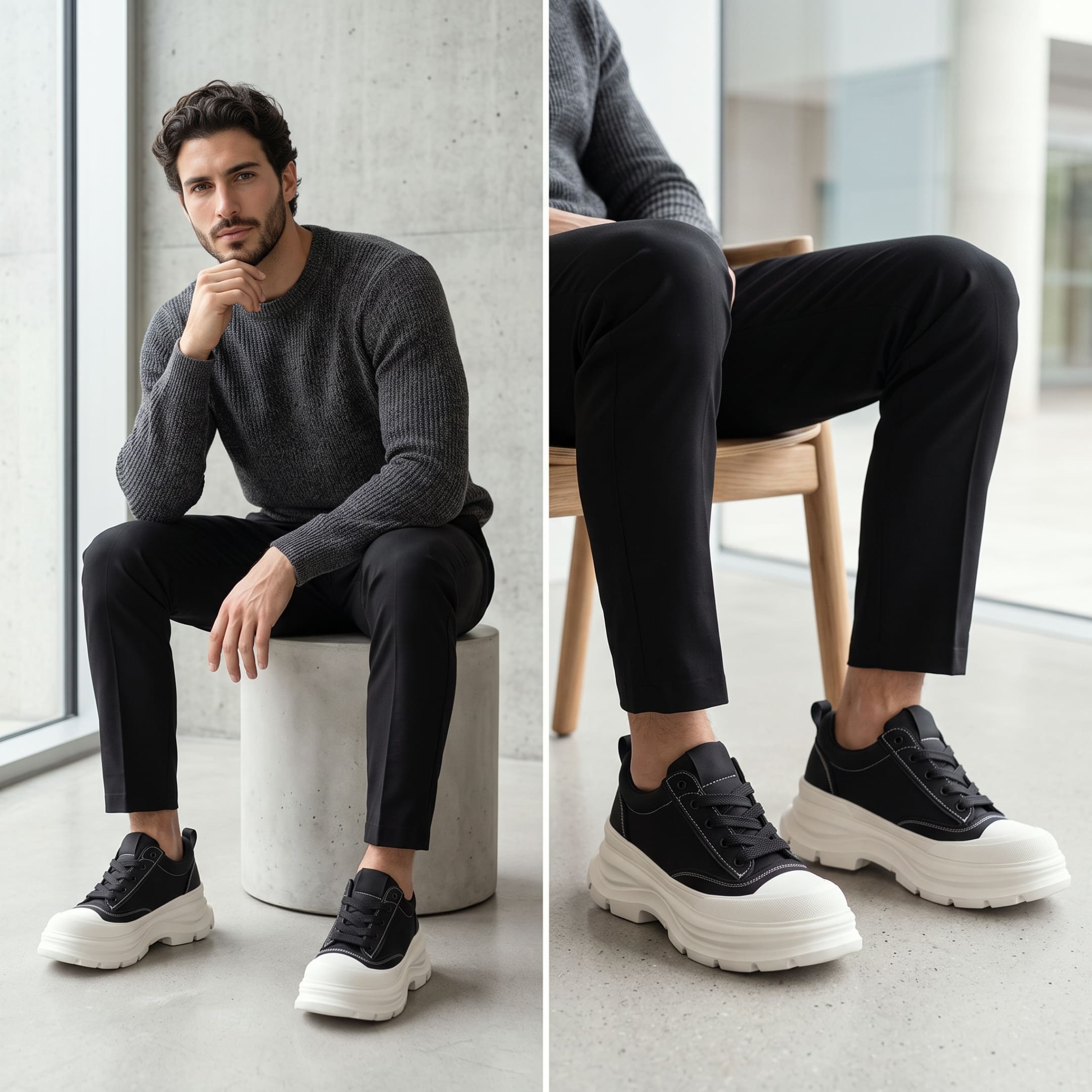 FORCIANO ATLAS Black height increasing footwear worn by a male model in a split indoor lifestyle scene with the White elevated soles clearly visible.