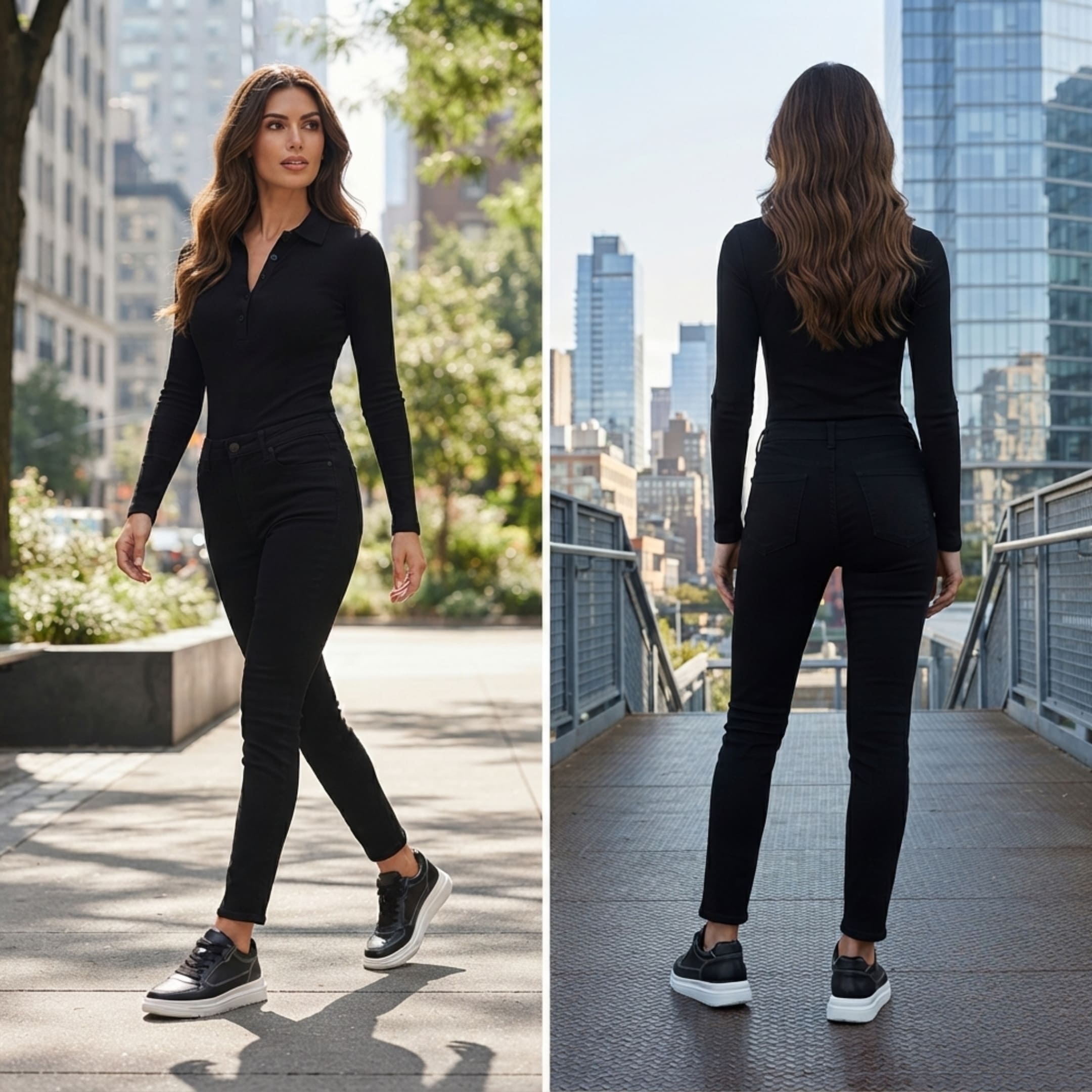 FORCIANO AVERY black height increasing shoes for women shown in front and rear city lifestyle views with premium leather uppers and white soles.