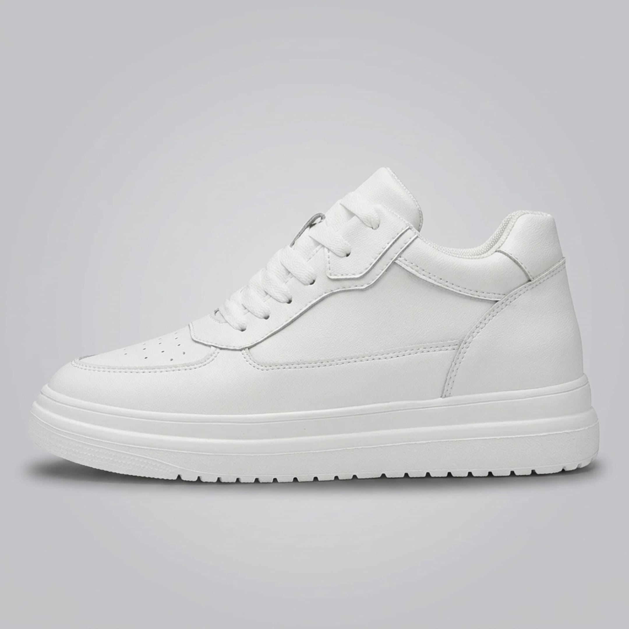 FORCIANO AVERY white height increasing shoes for women in side profile, featuring a premium leather upper and white platform-style sole.