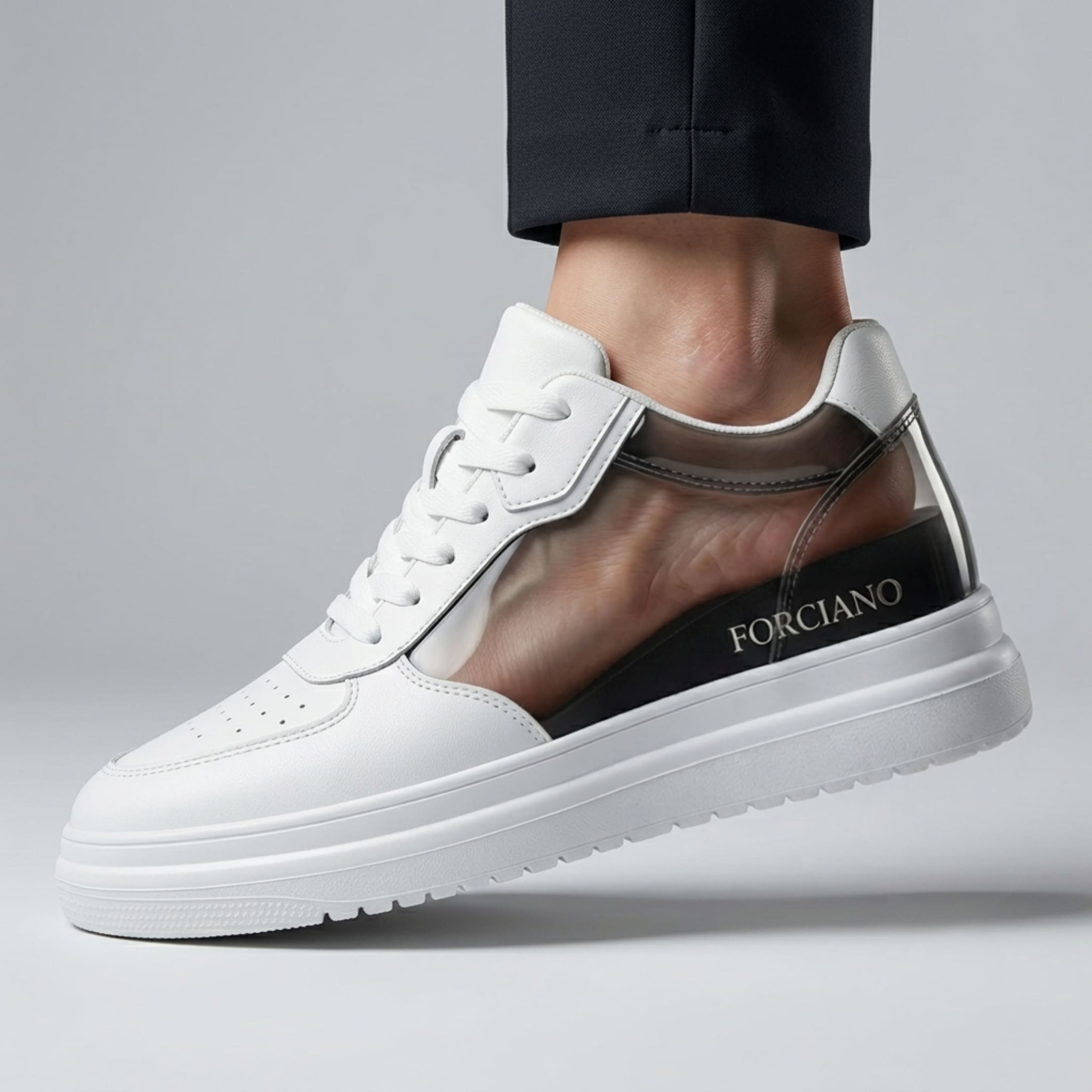 FORCIANO AVERY white hidden heel shoes for women shown on foot in cutaway view, revealing the internal lift beneath the premium leather upper.