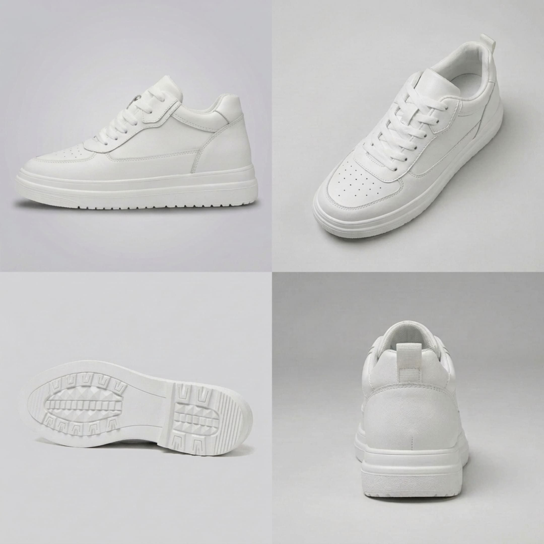 FORCIANO AVERY white height increasing shoes for women in a multi-view collage showing side, front-angle, outsole and rear views with premium leather upper.