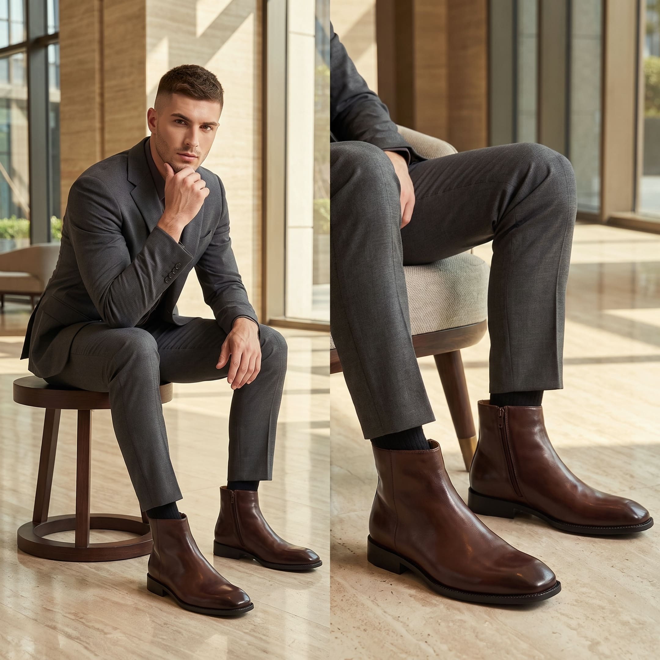 FORCIANO BELLANO brown Elevator Boots with genuine leather uppers shown worn with a dark suit in a two-panel seated formal lifestyle setting.