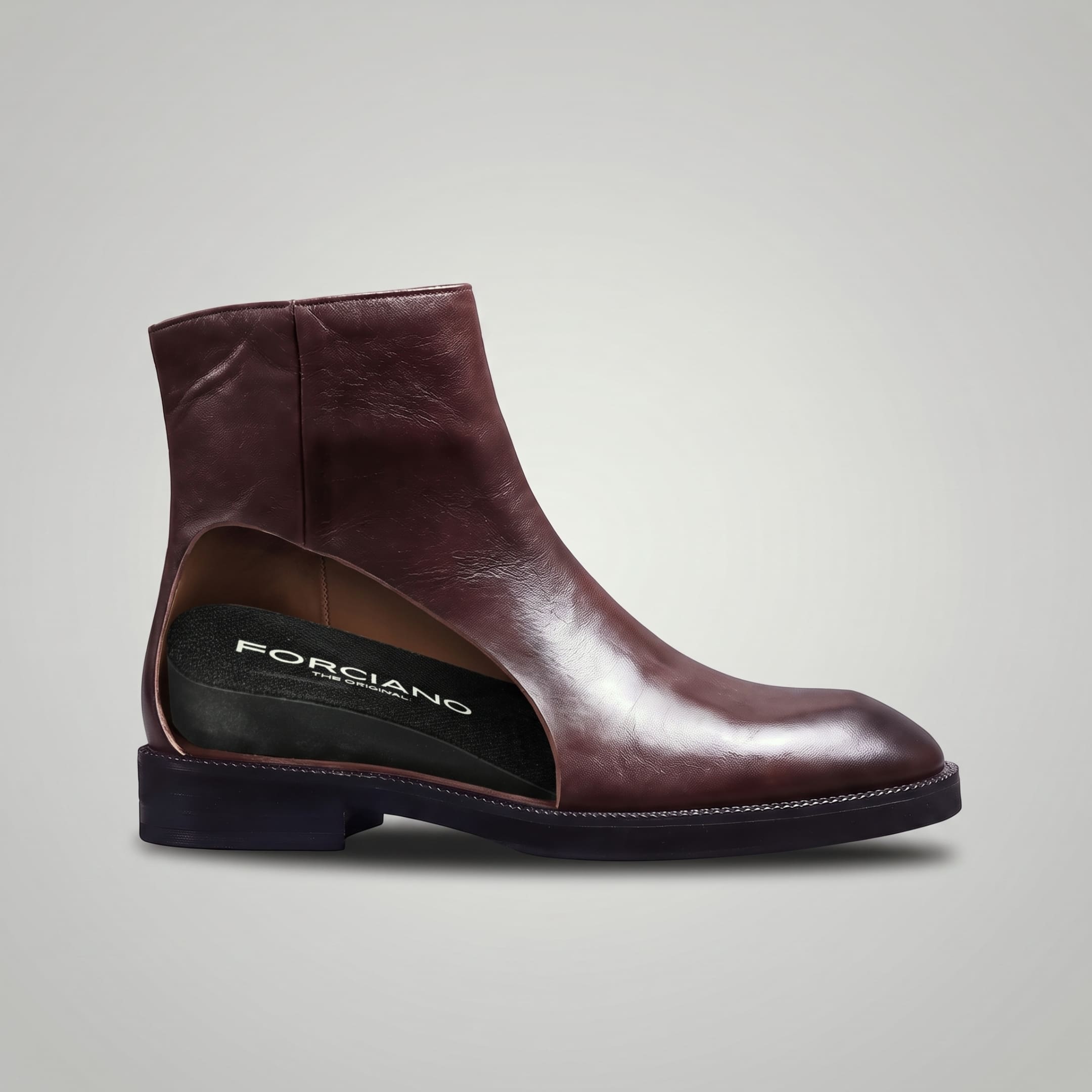 FORCIANO BELLANO brown Elevator Boots in genuine leather shown in side cutaway view revealing the internal lift insert.