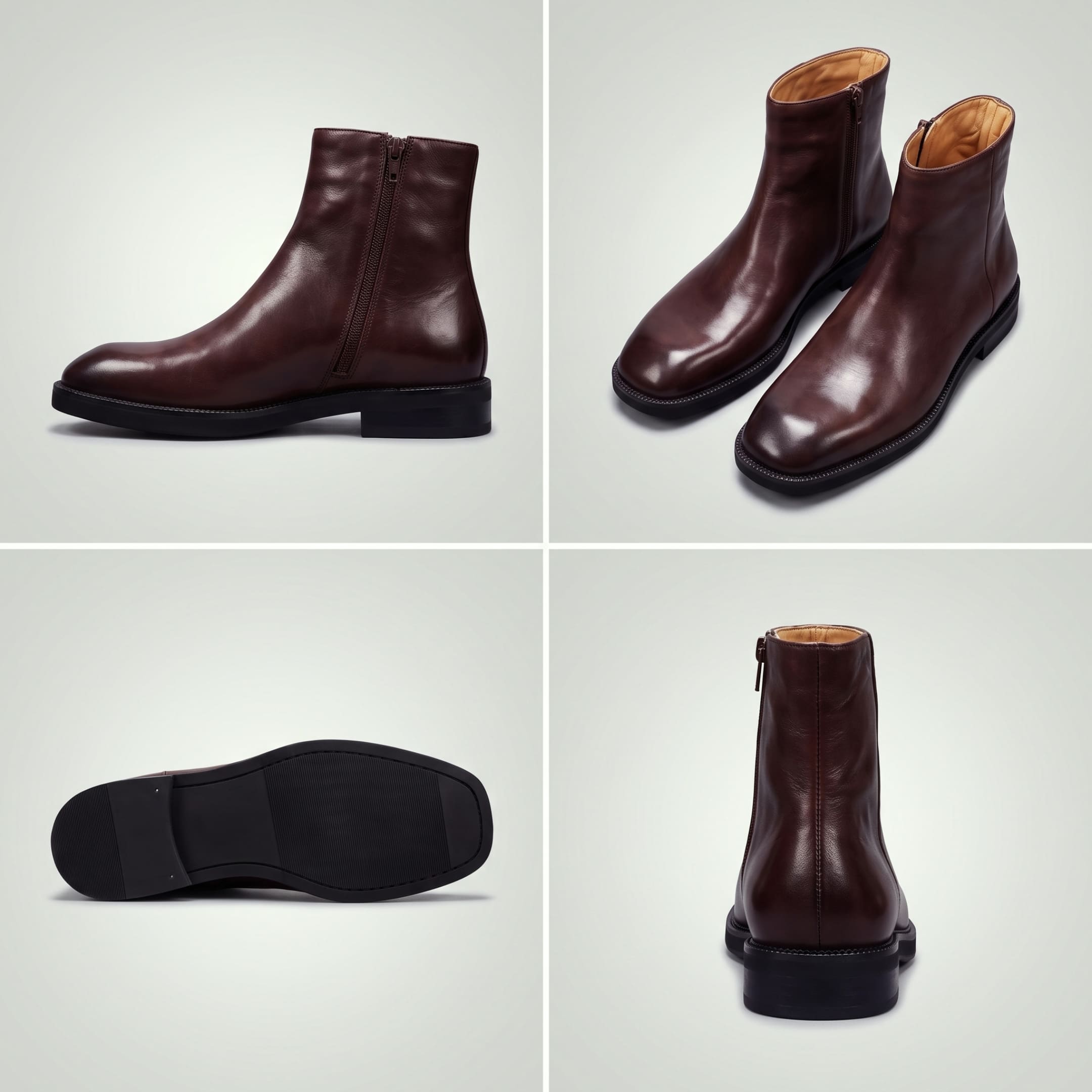 FORCIANO BELLANO brown Elevator Boots with genuine leather uppers shown in a multi-view collage with side, pair, outsole, and rear views.