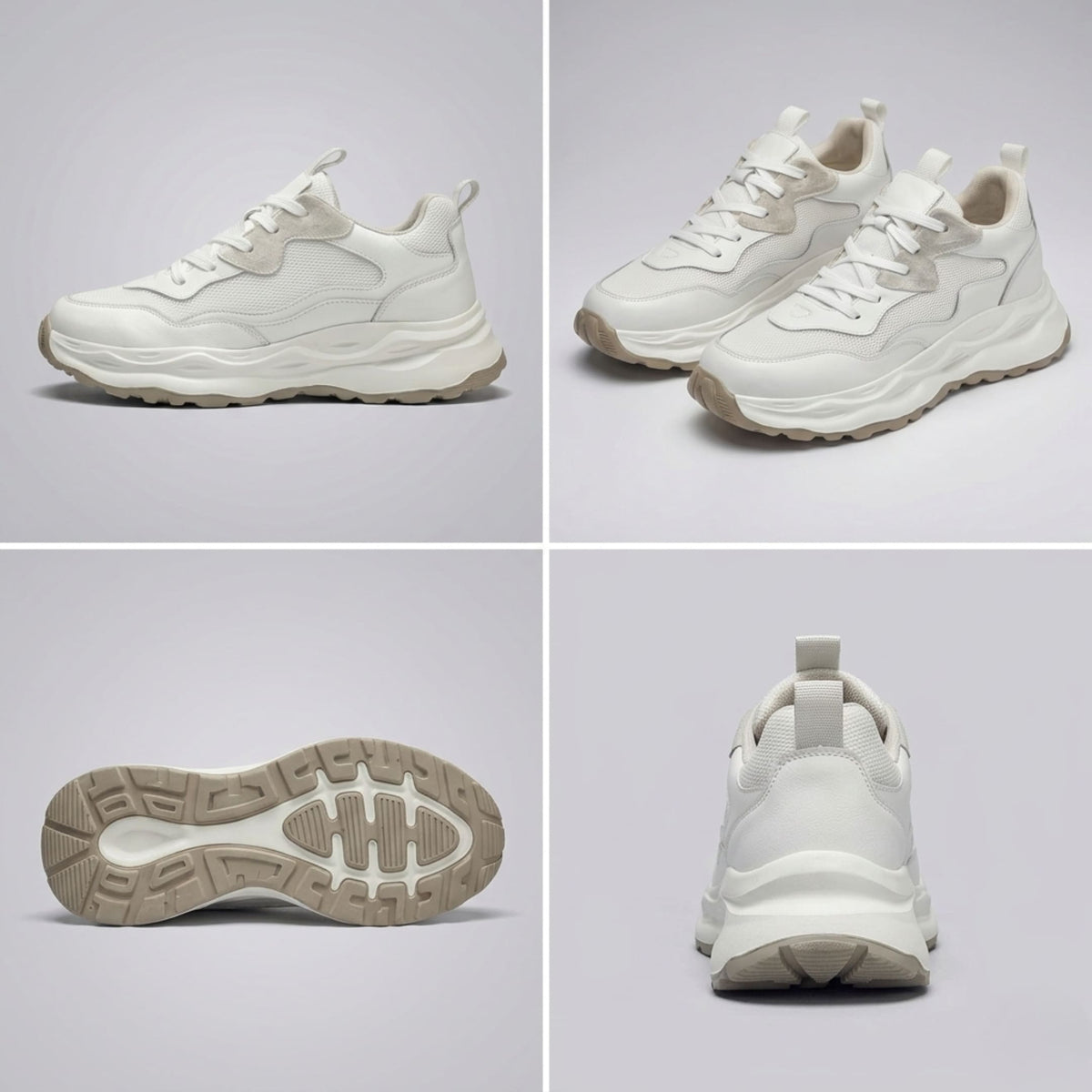 Multi-view collage of FORCIANO BELLE beige white sneakers for women showing side profile, pair, outsole and rear views with premium leather upper.