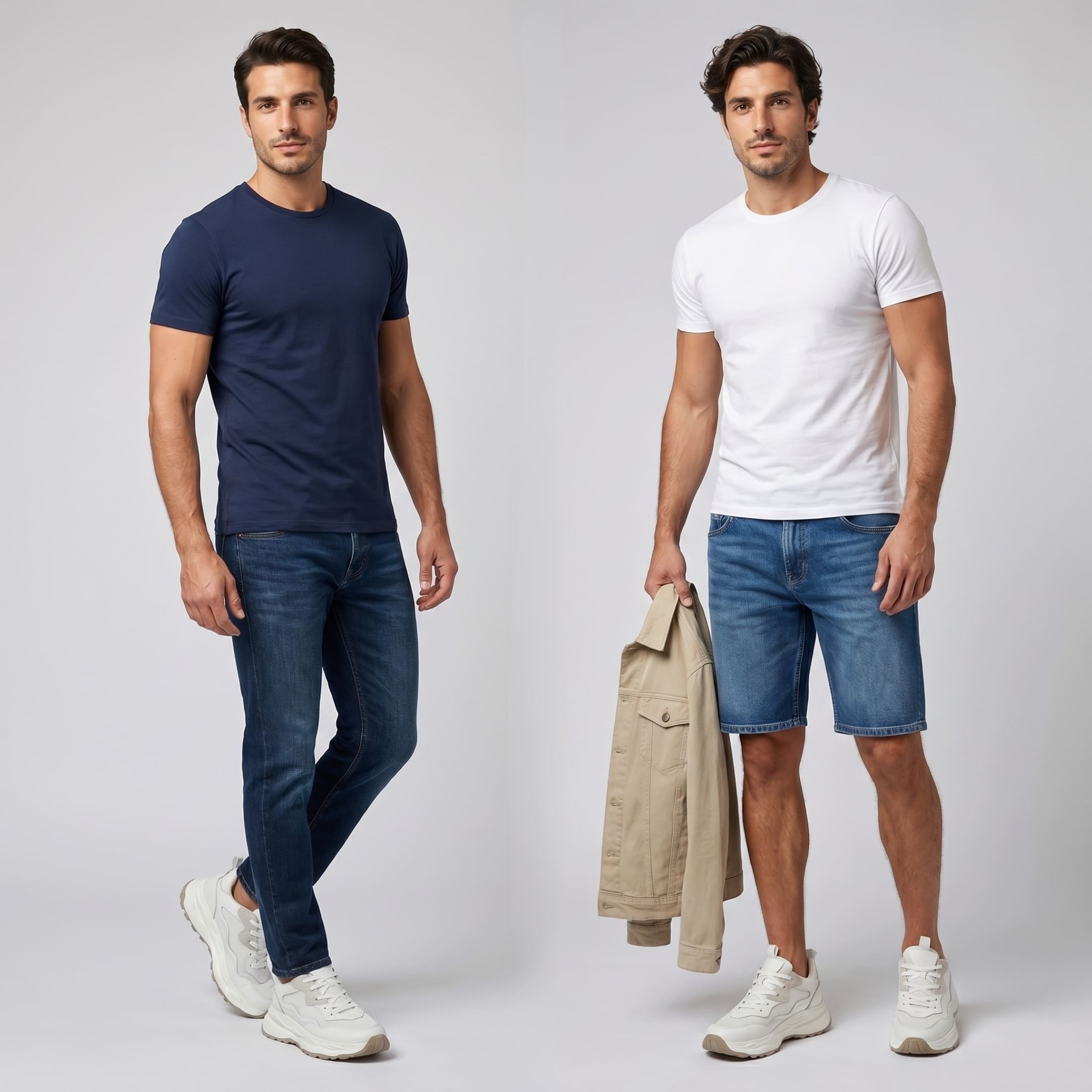 FORCIANO BELLUNO beige white elevator sneakers with premium leather upper, worn with casual outfits in two full-length model views.