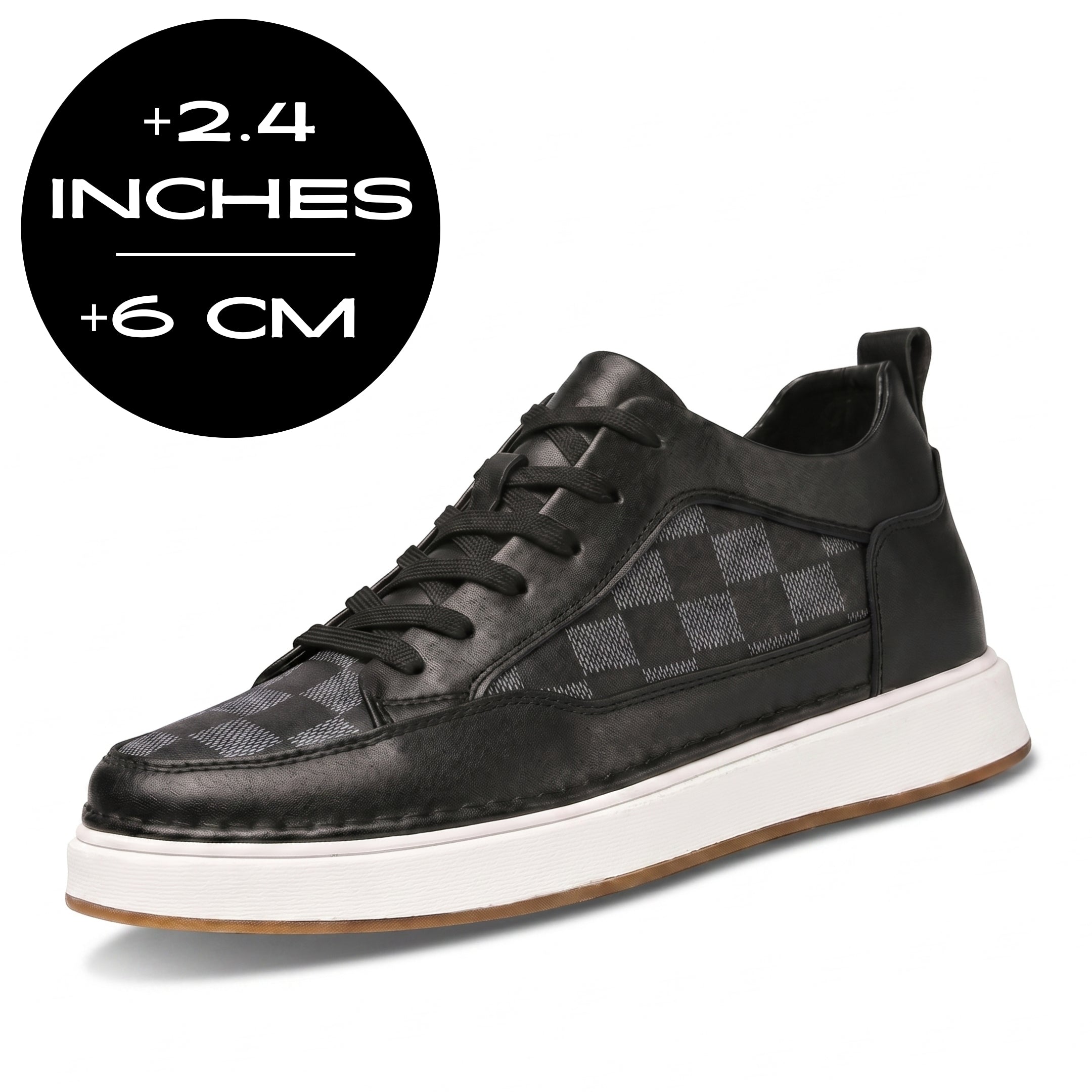 FORCIANO BELMONTE black leather Height Increasing Sneakers shown from a front three-quarter angle beside the 6 cm / 2.4 inches height increase graphic.