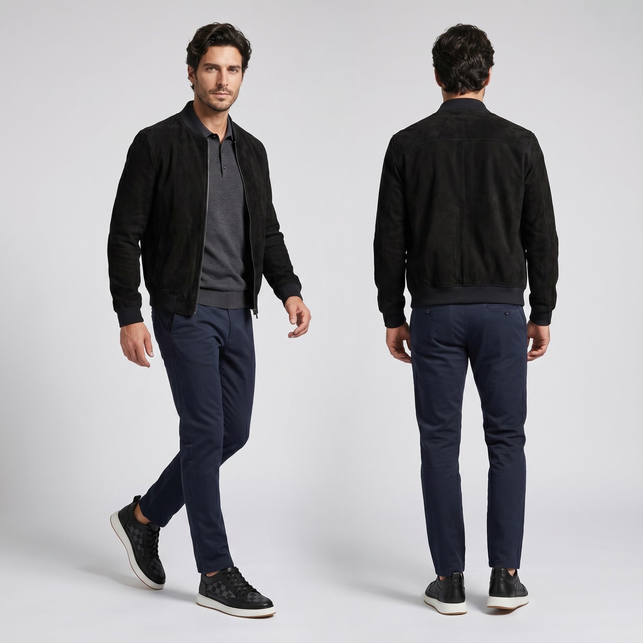 FORCIANO BELMONTE black leather Height Increasing Sneakers with dark checkered panels, worn by a male model in front walking and rear standing lifestyle views.