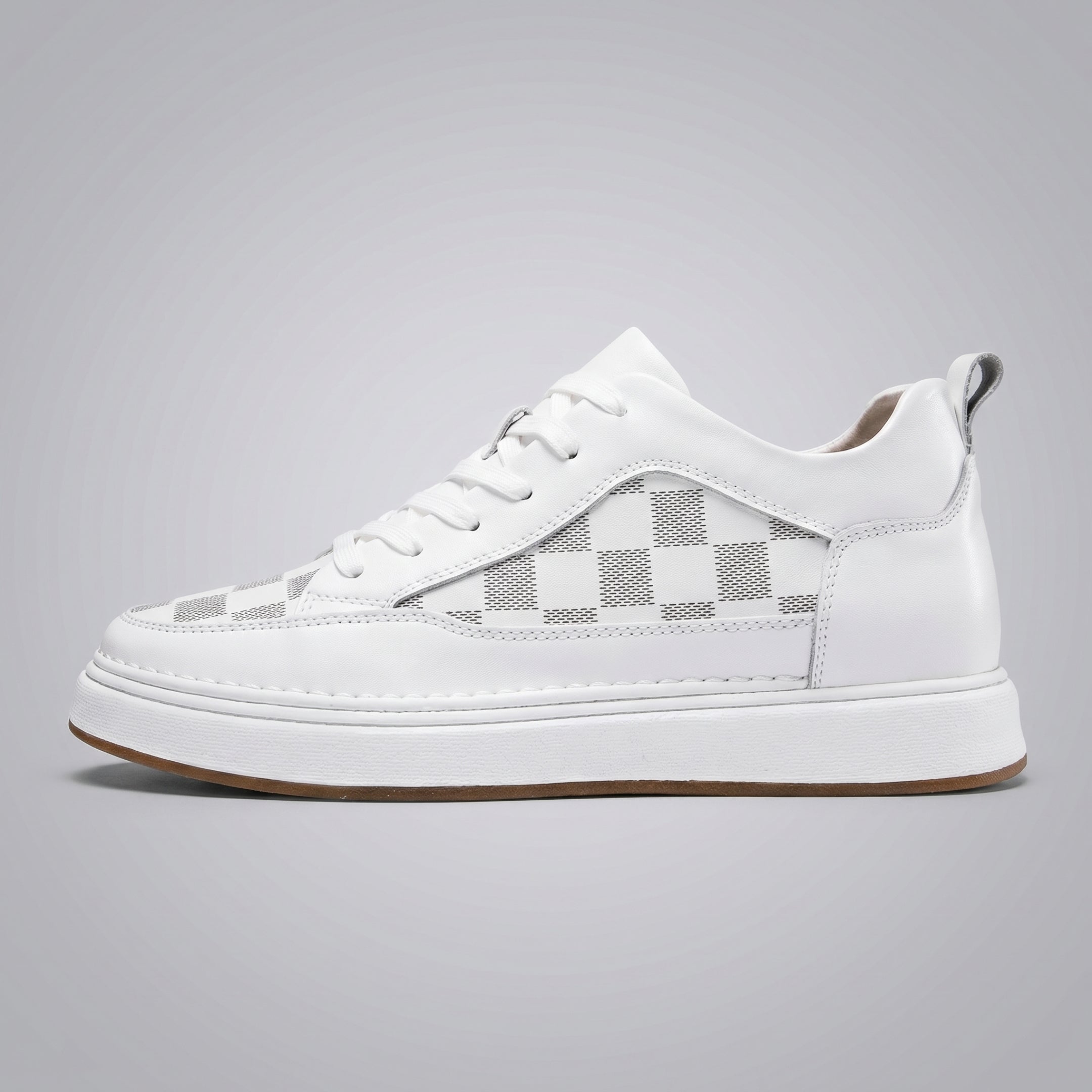 FORCIANO BELMONTE white leather Height Increasing Sneaker shown in a clean side profile with gray checkered panels and a white sole.