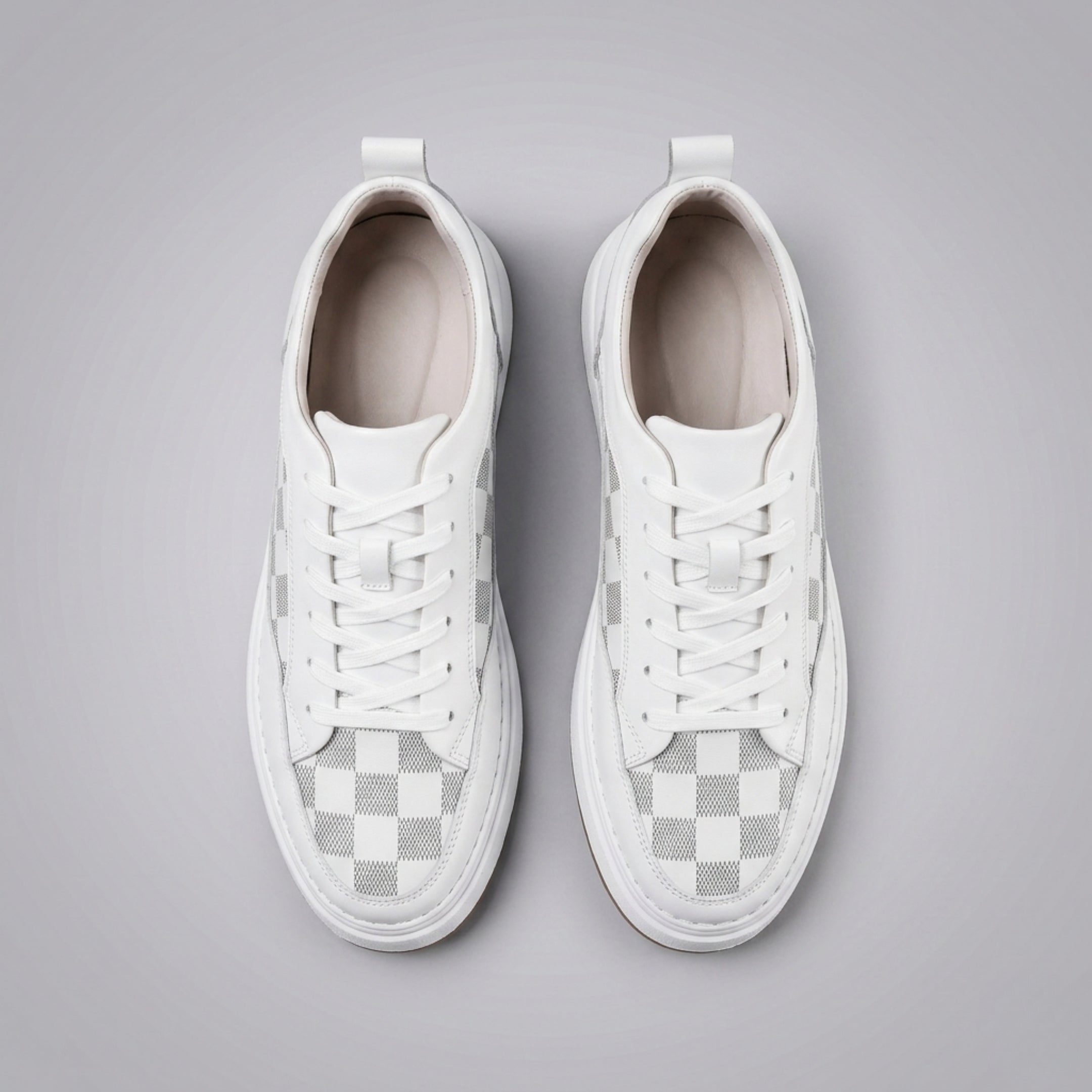 FORCIANO BELMONTE white leather Height Increasing Sneakers shown as a pair from the top view, highlighting white laces and gray checkered toe panels.