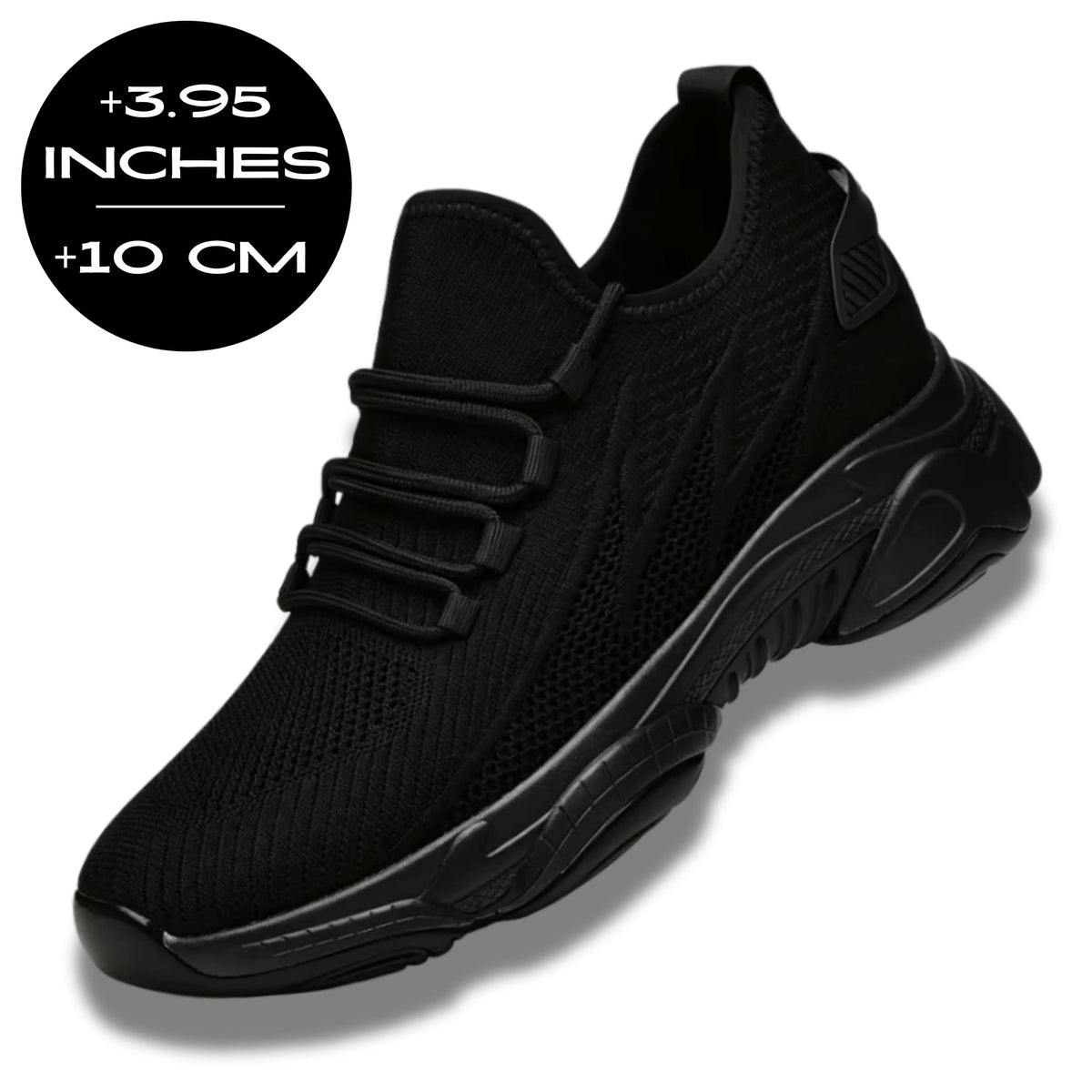 FORCIANO BLACKOUT Height Increasing Sneakers in black shown at a front three-quarter angle with a 10 cm / 3.95-inch height increase graphic.