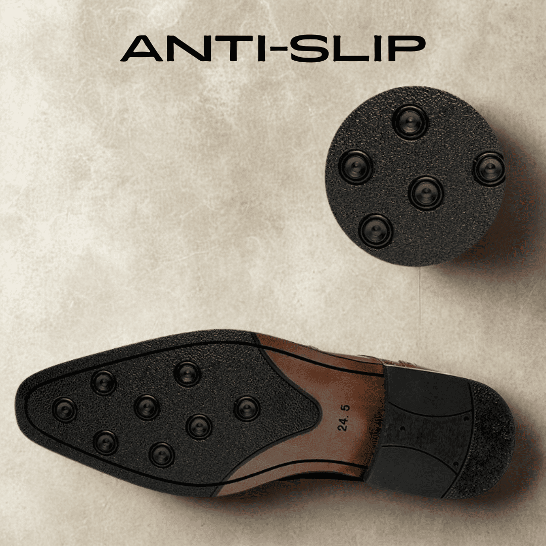 FORCIANO BROGUE brown elevator dress shoe outsole detail showing the sole from below with the visible anti-slip feature graphic.