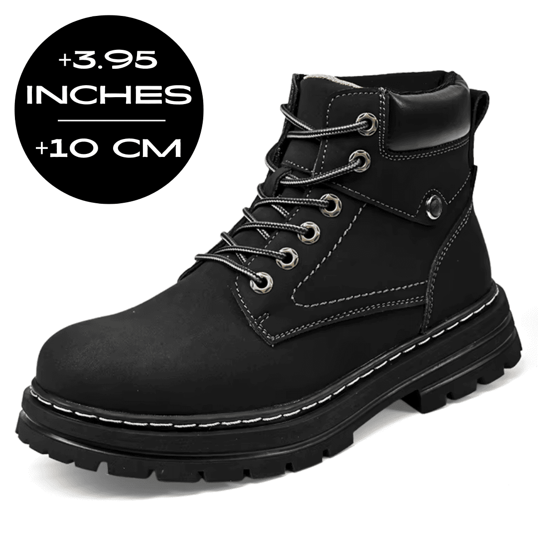 FORCIANO CALIBER black elevator boot with premium suede upper and 10 cm / 3.95" height graphic, shown from a front three-quarter angle.