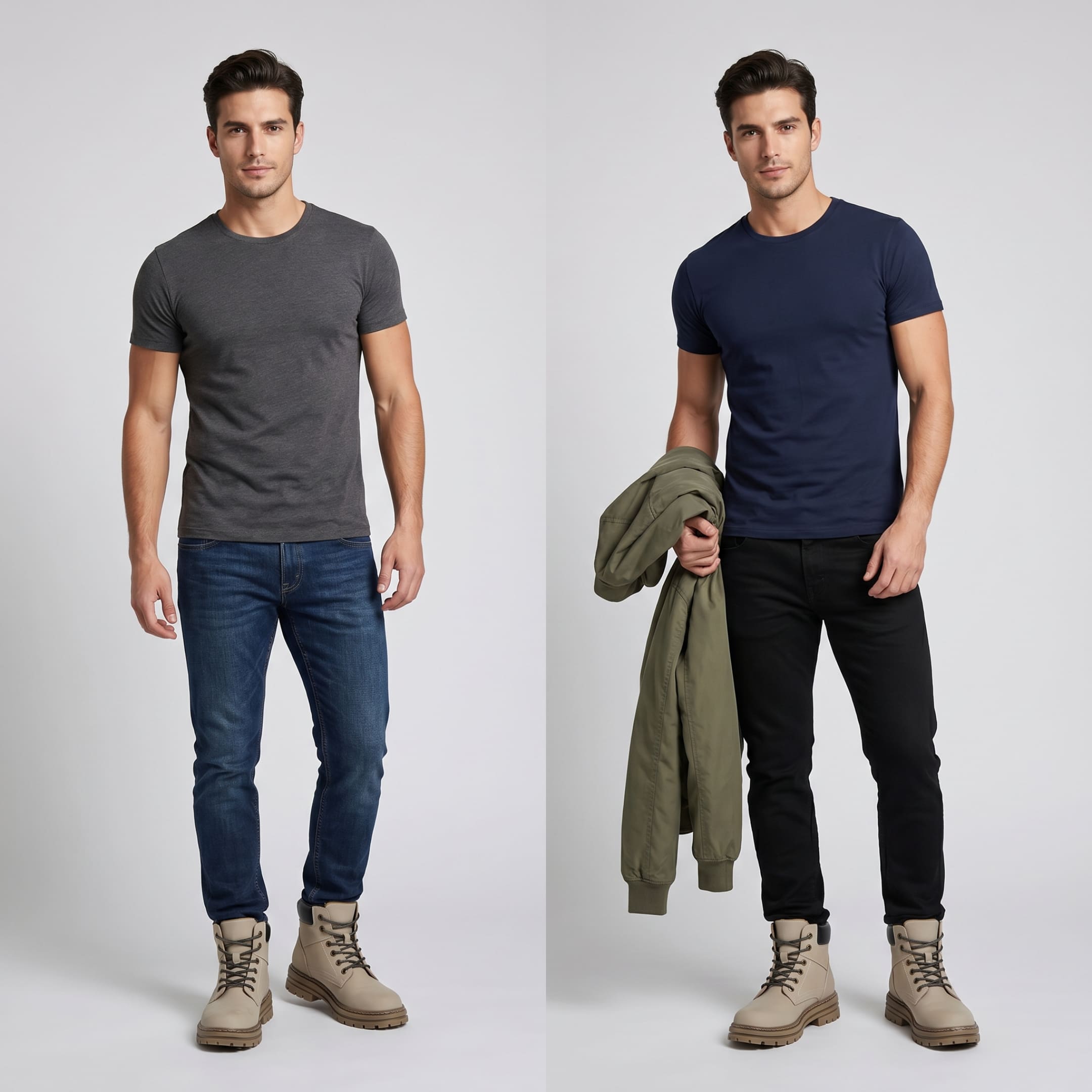 FORCIANO CALIBER grey height increasing boots with premium suede uppers worn by a male model in two casual outfit views.