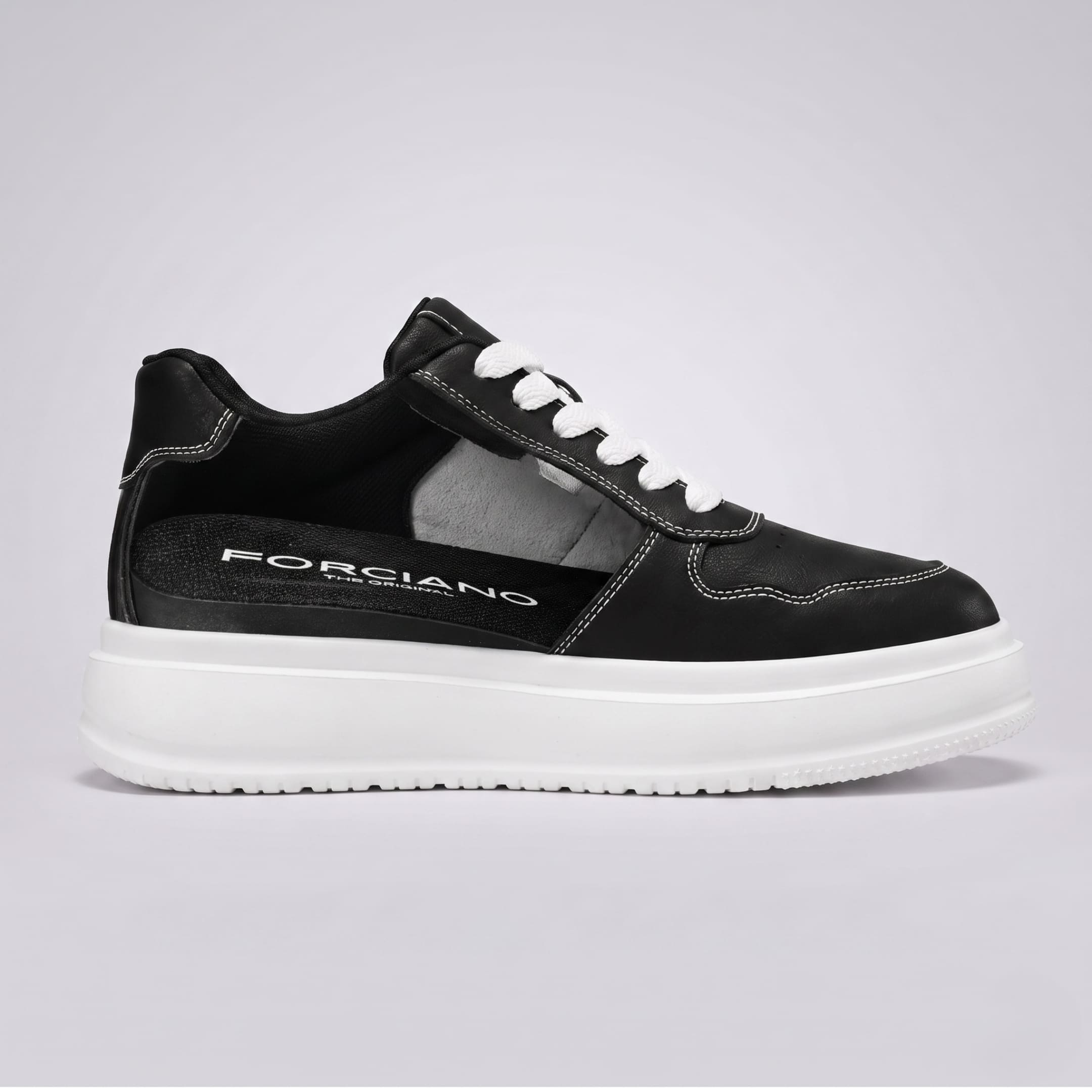 FORCIANO CALVERO black Height Increasing Sneakers with premium leather upper shown in side cutaway view revealing the internal lift and FORCIANO insole.