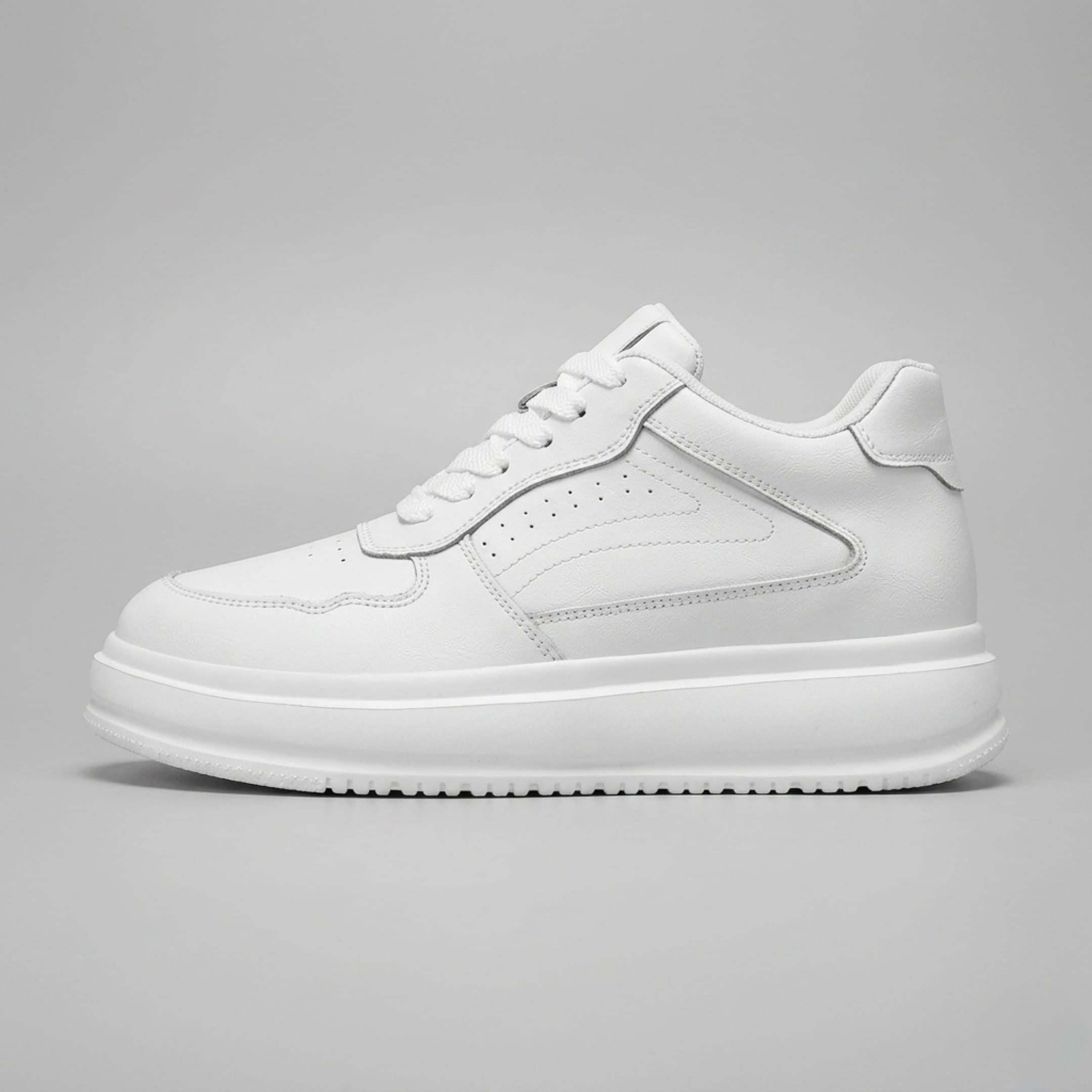 FORCIANO CALVERO white Height Increasing Sneakers with premium leather upper shown in a clean side profile with matching white platform sole.