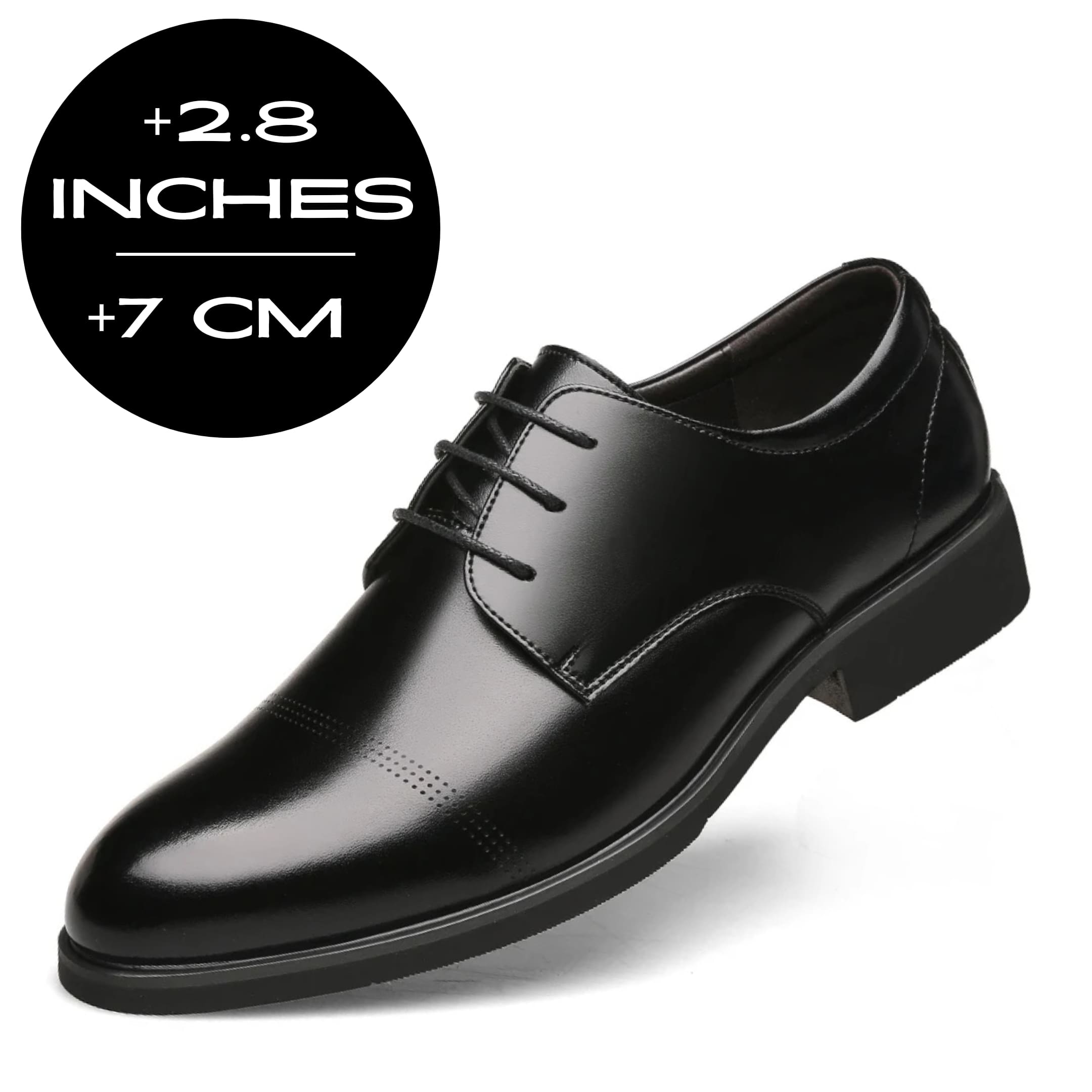FORCIANO CAVELLO black elevator dress shoes with premium leather upper shown from a front three-quarter angle with a 7 cm / 2.8 inches height graphic.