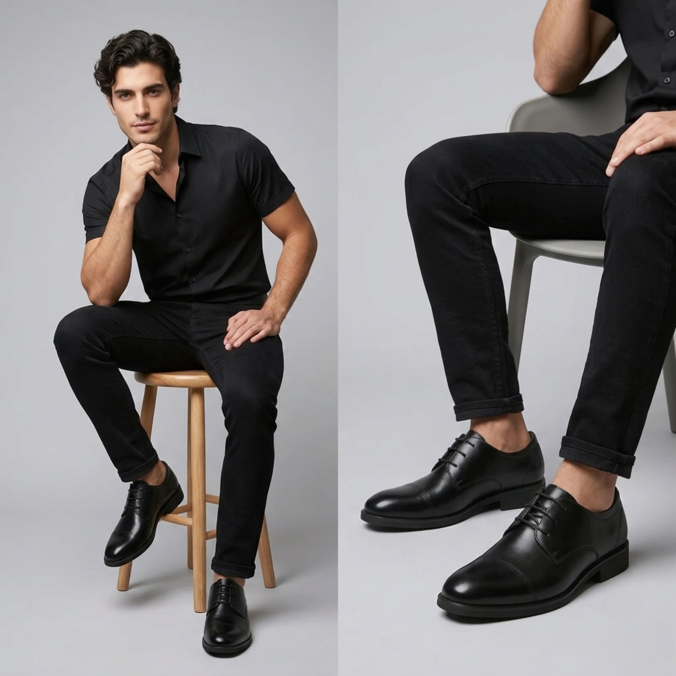 FORCIANO CAVELLO black elevator dress shoes with premium leather uppers worn by a seated model in a two-panel formal lifestyle view.