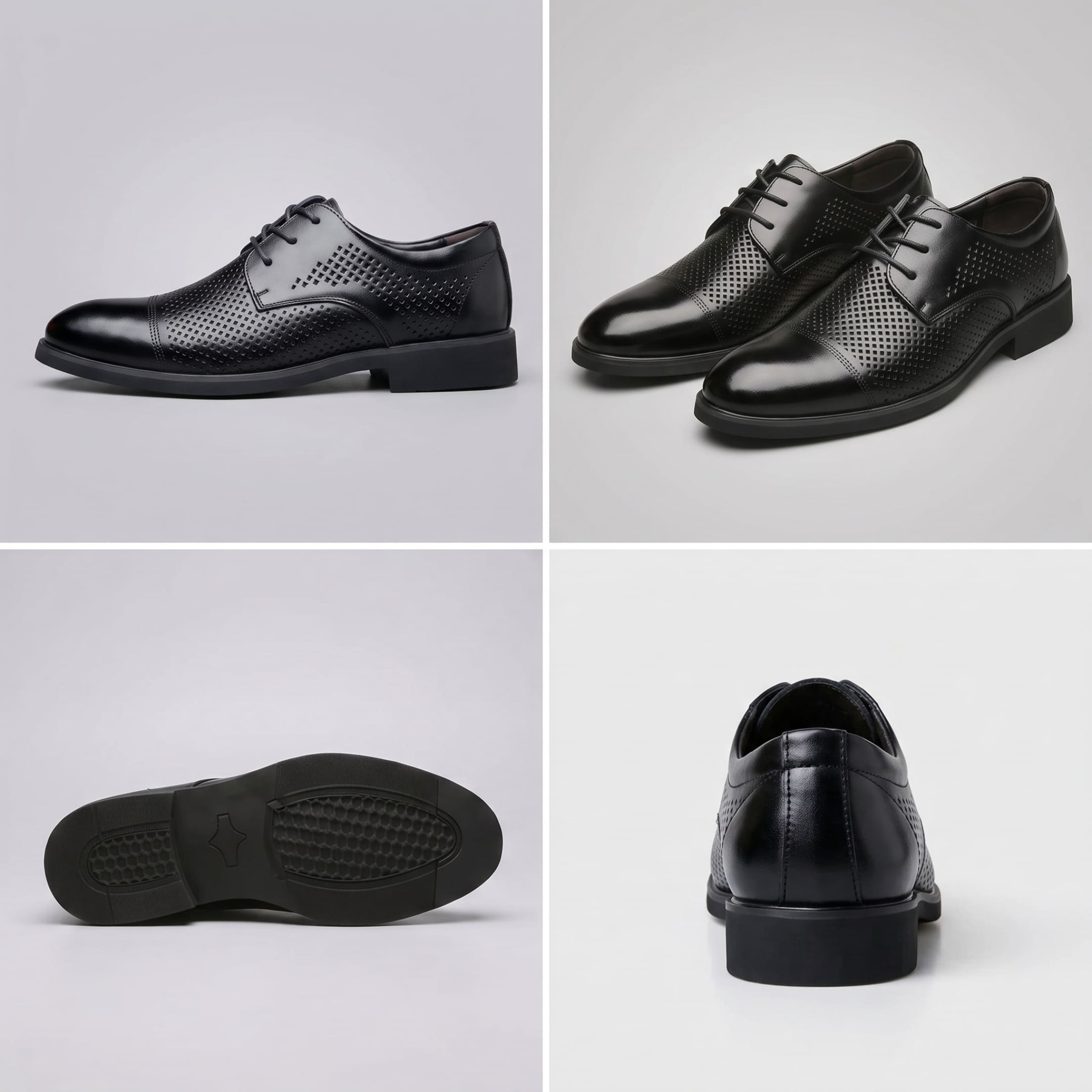 Four-view collage of FORCIANO CAVELLO black perforated elevator dress shoes with premium leather uppers showing side, pair, outsole and rear views.
