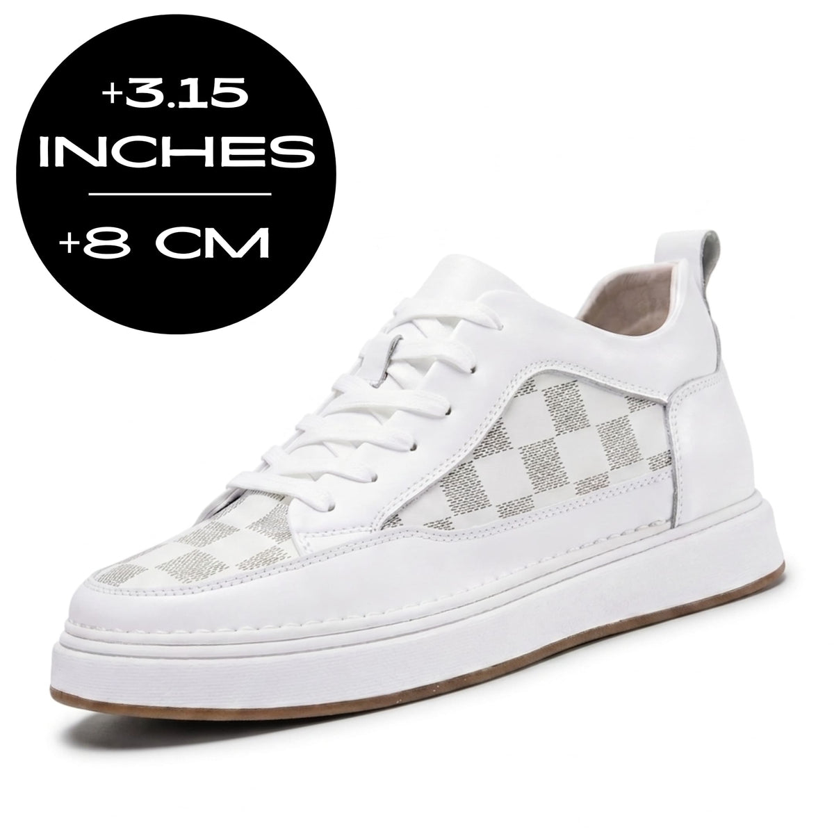 FORCIANO CELESTE white women's platform sneakers with premium leather upper shown at a front angle with 8 cm / 3.15" height increase graphic.