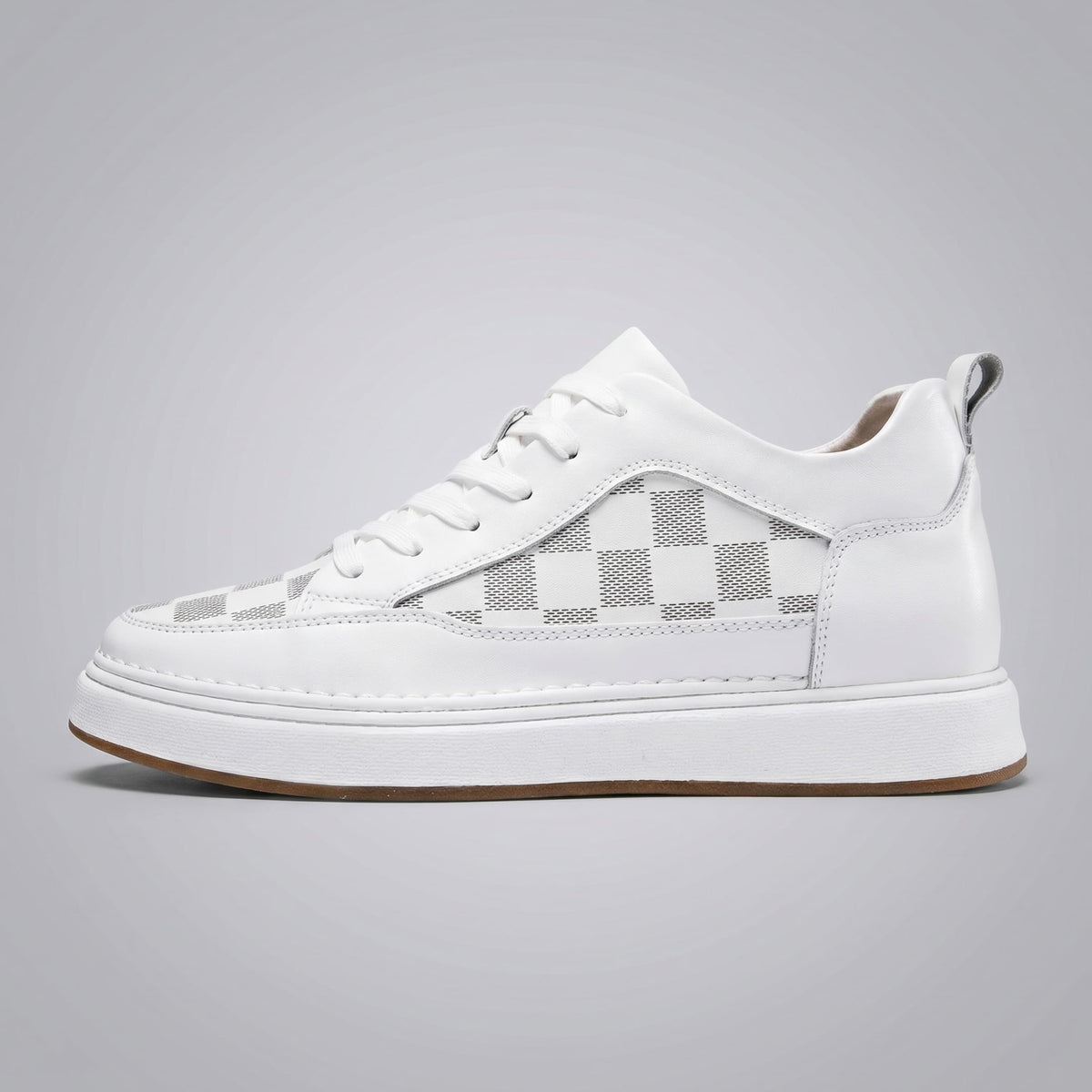 FORCIANO CELESTE white women's platform sneakers in side profile with premium leather upper and visible check-pattern panels.