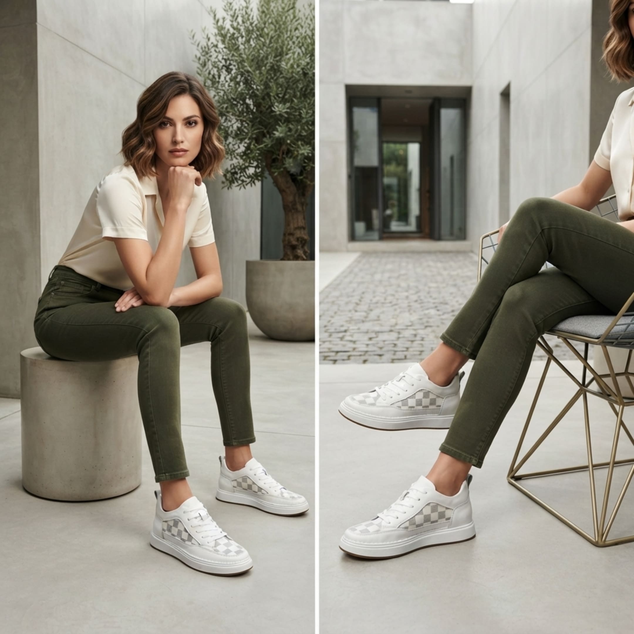 FORCIANO CELESTE white women's platform sneakers worn by a woman in a seated lifestyle collage, showing the premium leather upper and patterned panels.