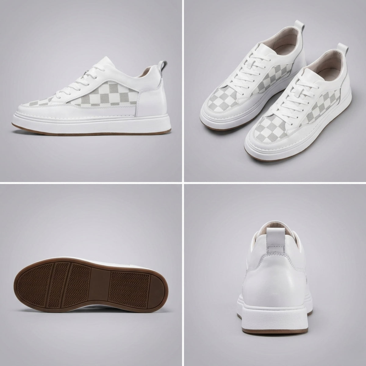 FORCIANO CELESTE white women's platform sneakers in a multi-view collage showing side profile, pair view, outsole and rear view with premium leather uppers.
