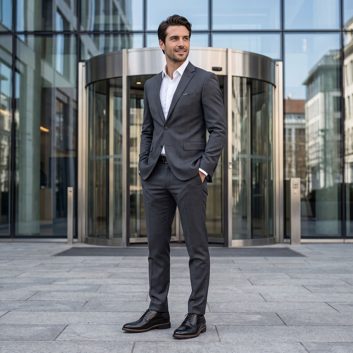 FORCIANO CELSUS Elevator Dress Shoes in black worn with a gray suit in a formal outdoor business setting.