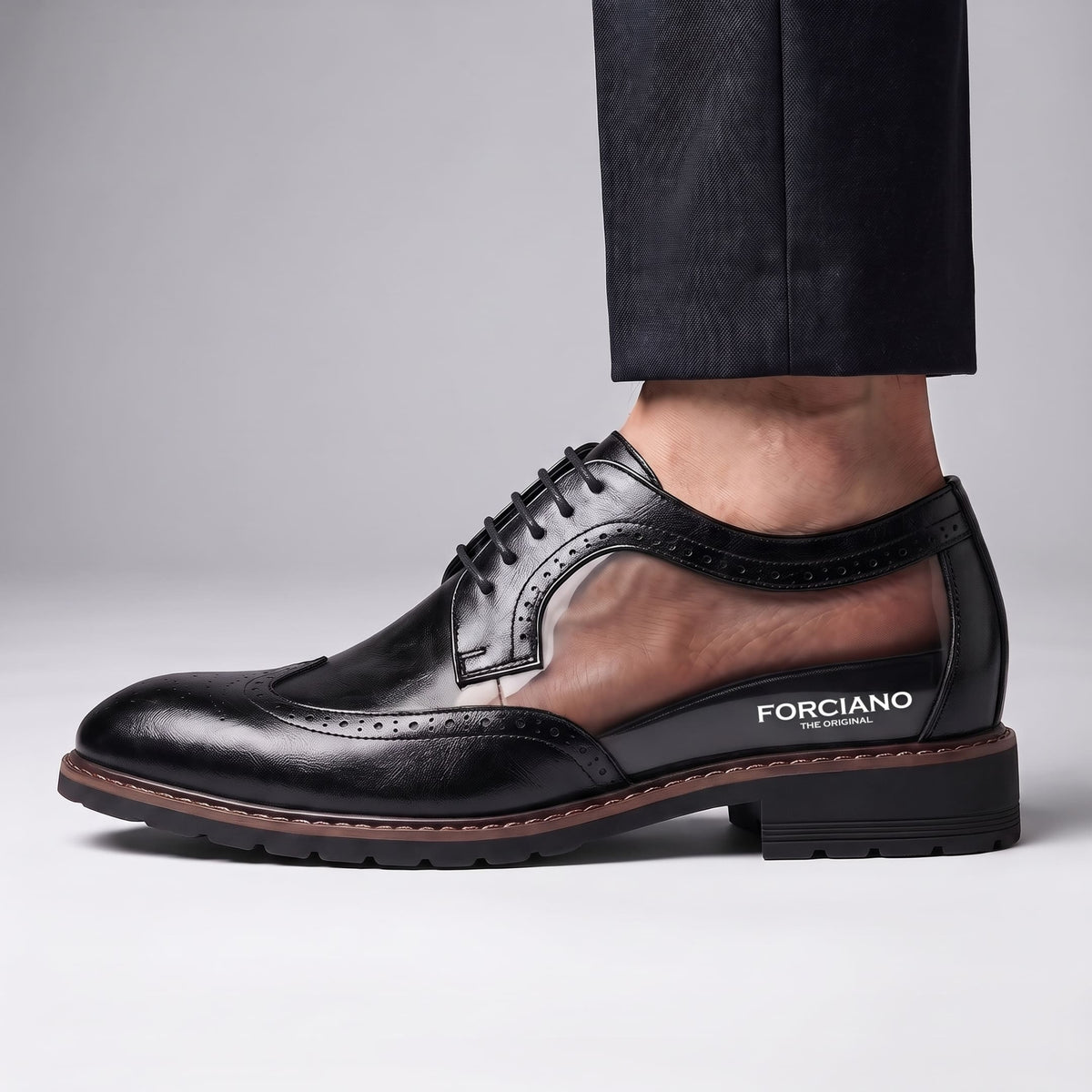 FORCIANO CELSUS Elevator Dress Shoes in black premium leather shown on foot with a cutaway-style side section revealing foot placement.