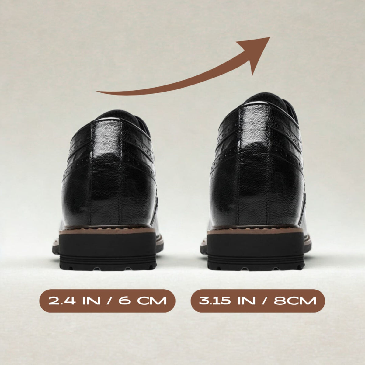 FORCIANO CELSUS Elevator Dress Shoes shown from the rear with a height comparison graphic for 6 cm / 2.4" and 8 cm / 3.15".