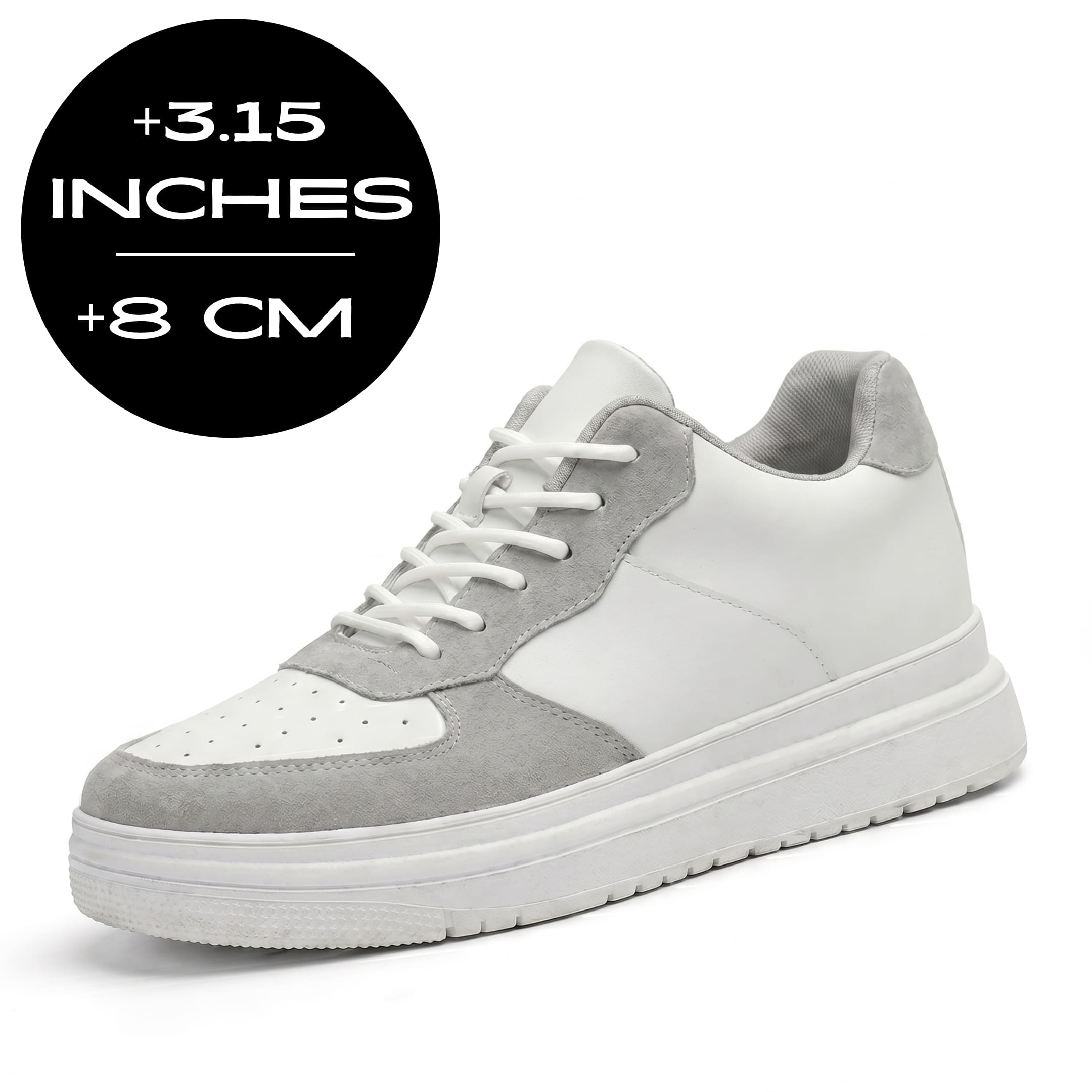 FORCIANO CHAMPION white and gray height increasing sneaker shown at a three-quarter angle with the 3.15 inches / 8 cm height graphic visible.